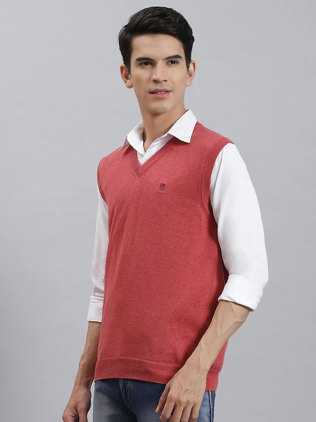 Men Pink Solid V Neck Sleeveless Sweaters/Pullovers - Image 3