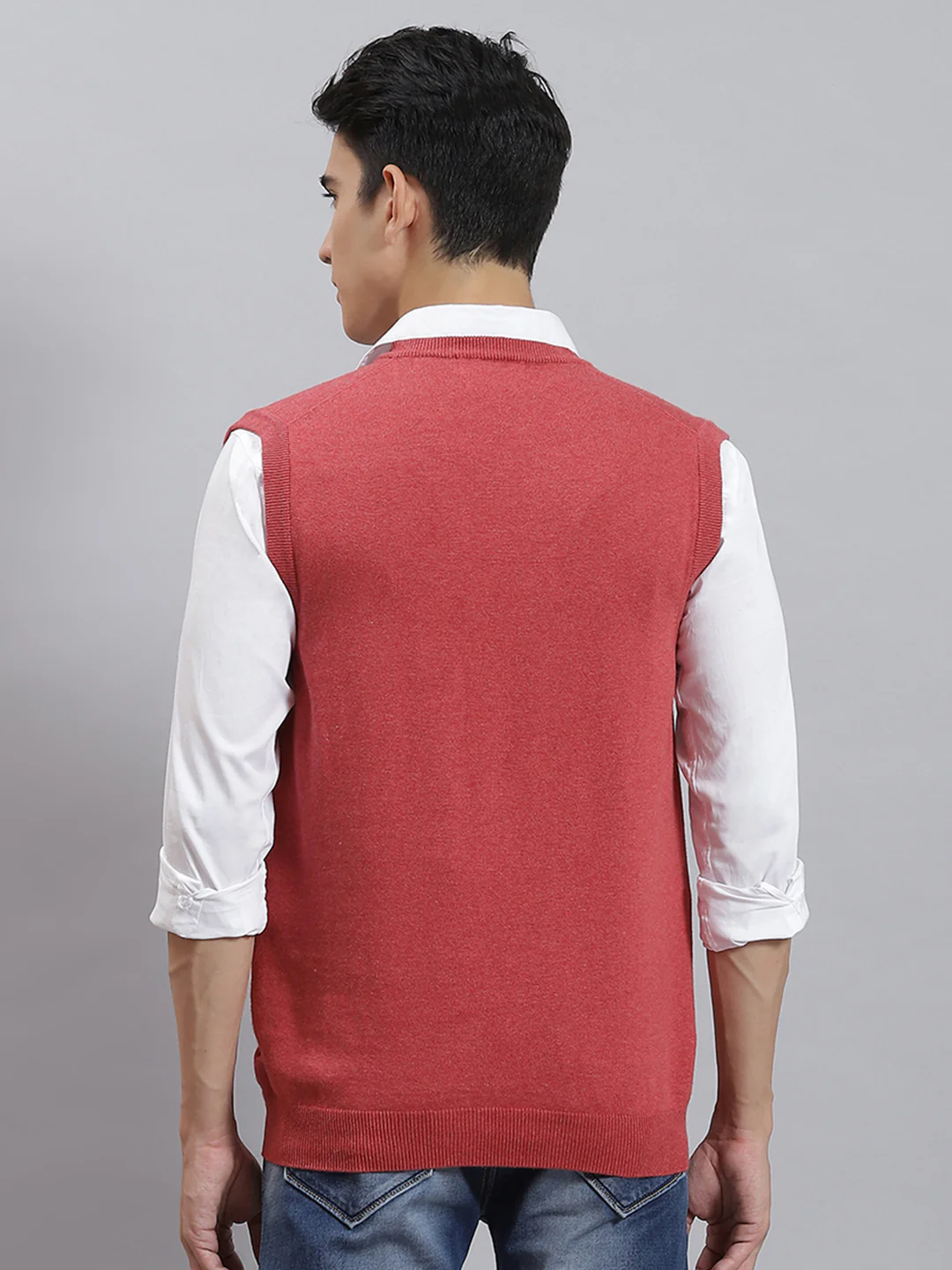 Men Pink Solid V Neck Sleeveless Sweaters/Pullovers - Image 5