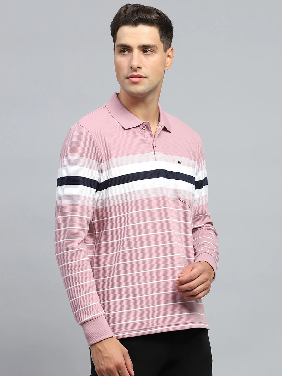Men Pink Stripe Collar Full Sleeve Winter T-Shirt - Image 4