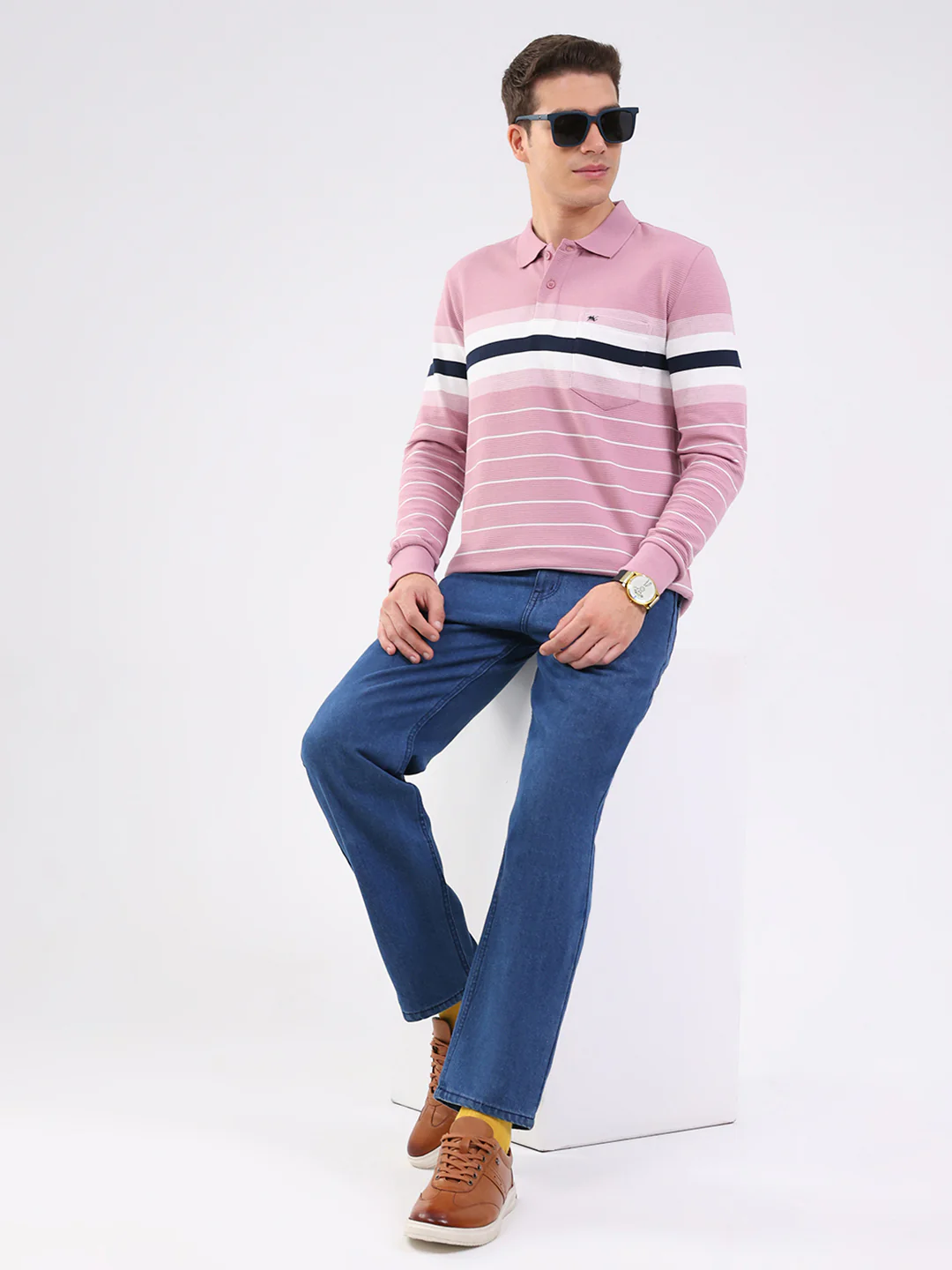 Men Pink Stripe Collar Full Sleeve Winter T-Shirt - Image 2