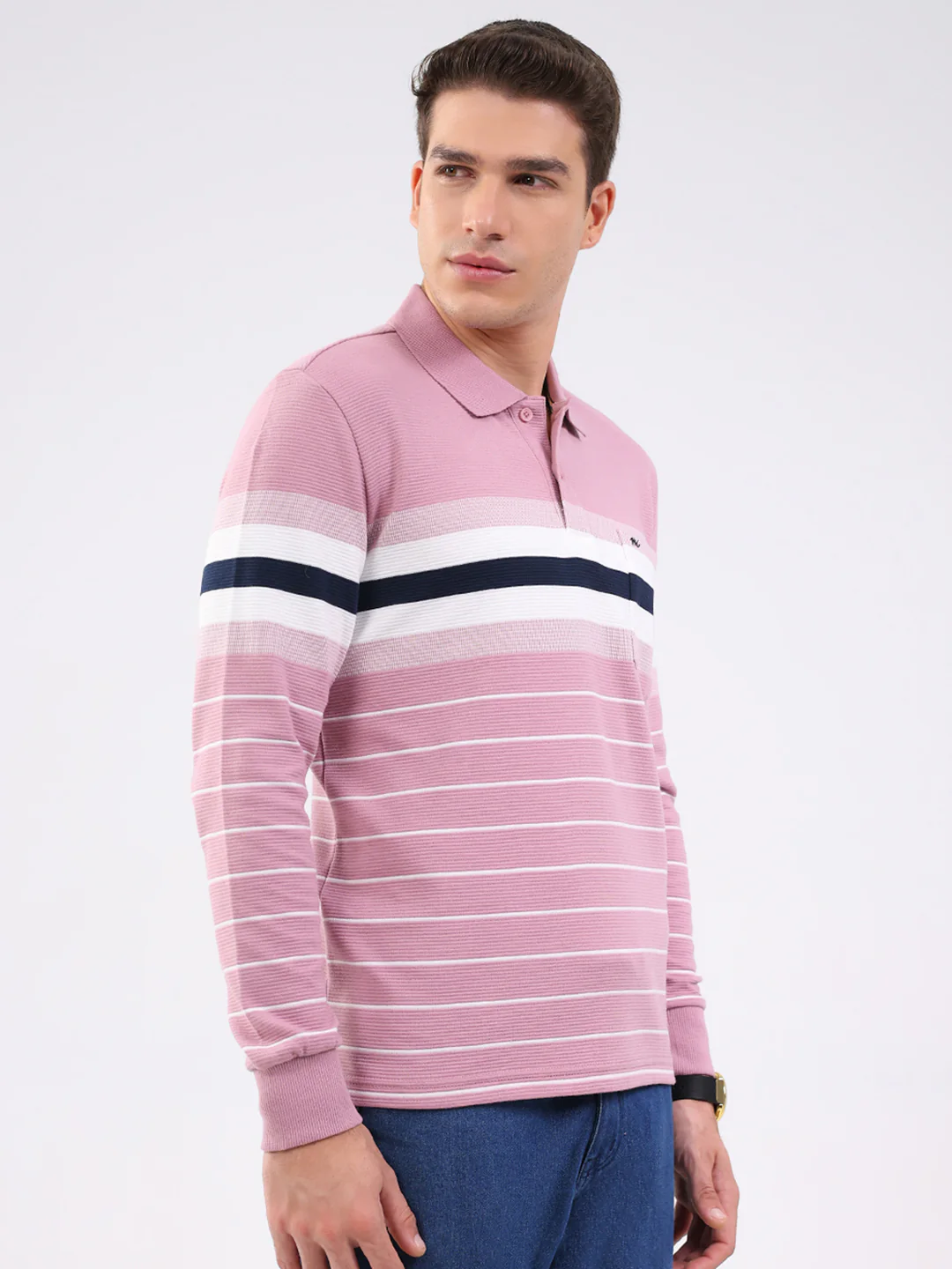 Men Pink Stripe Collar Full Sleeve Winter T-Shirt - Image 4
