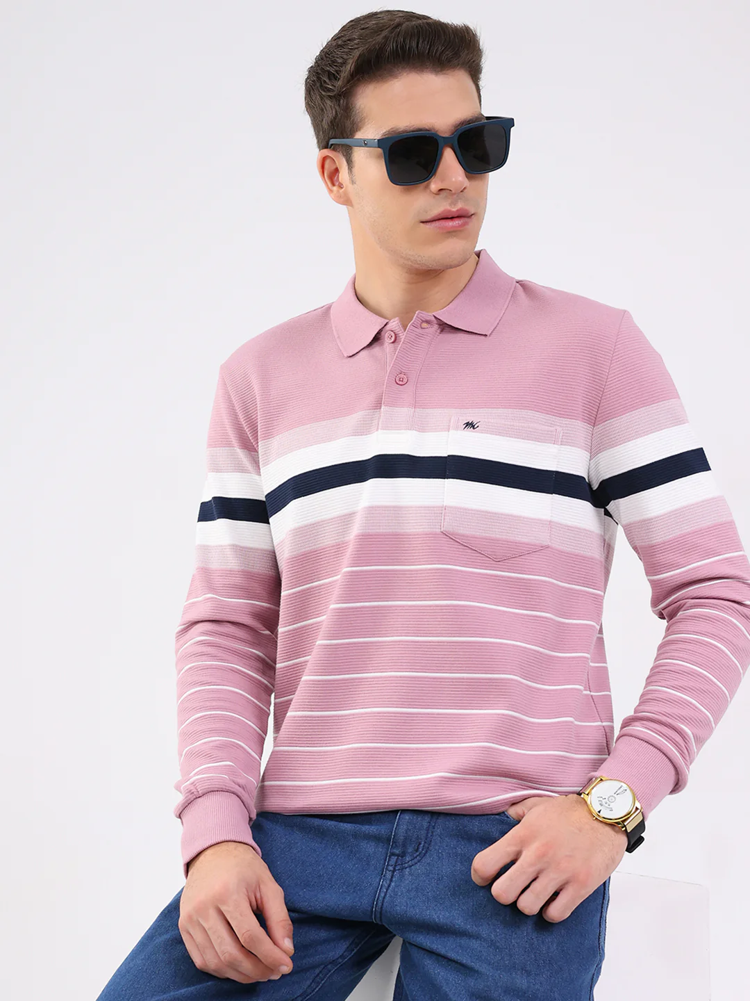 Men Pink Stripe Collar Full Sleeve Winter T-Shirt - Image 6