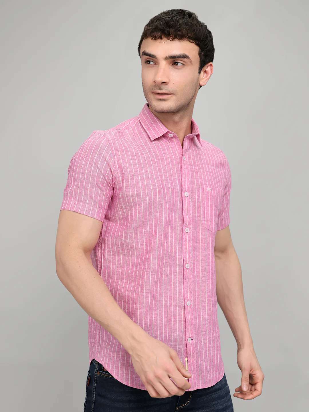 Men Pink Stripe Collar Half Sleeve Shirt - Image 3