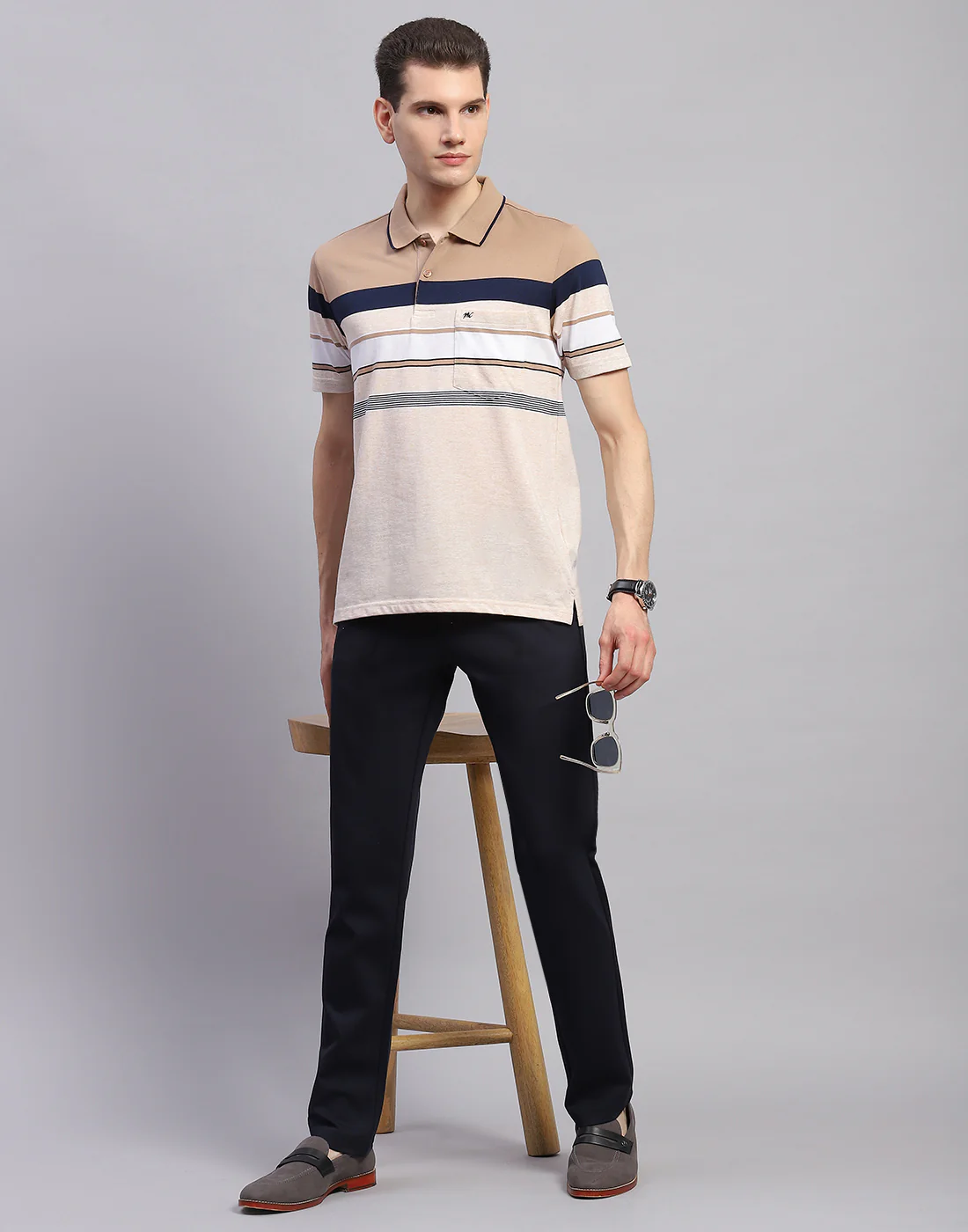 Men Pink Stripe Collar Half Sleeve T-Shirt - Image 2