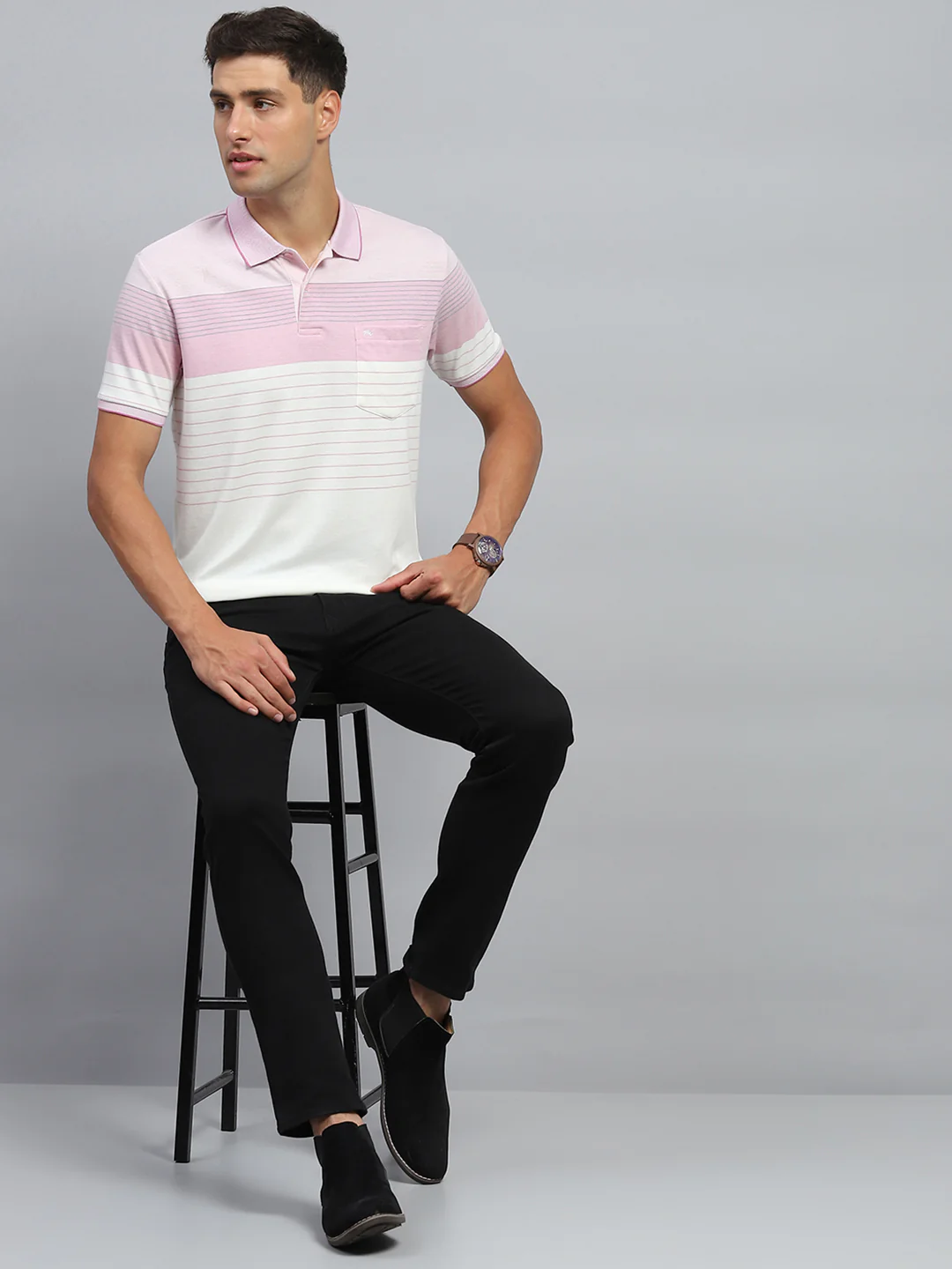 Men Pink Stripe Collar Half Sleeve T-Shirt - Image 2