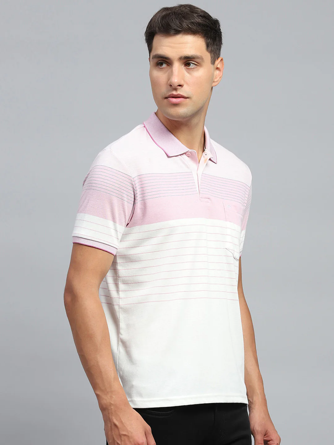 Men Pink Stripe Collar Half Sleeve T-Shirt - Image 4