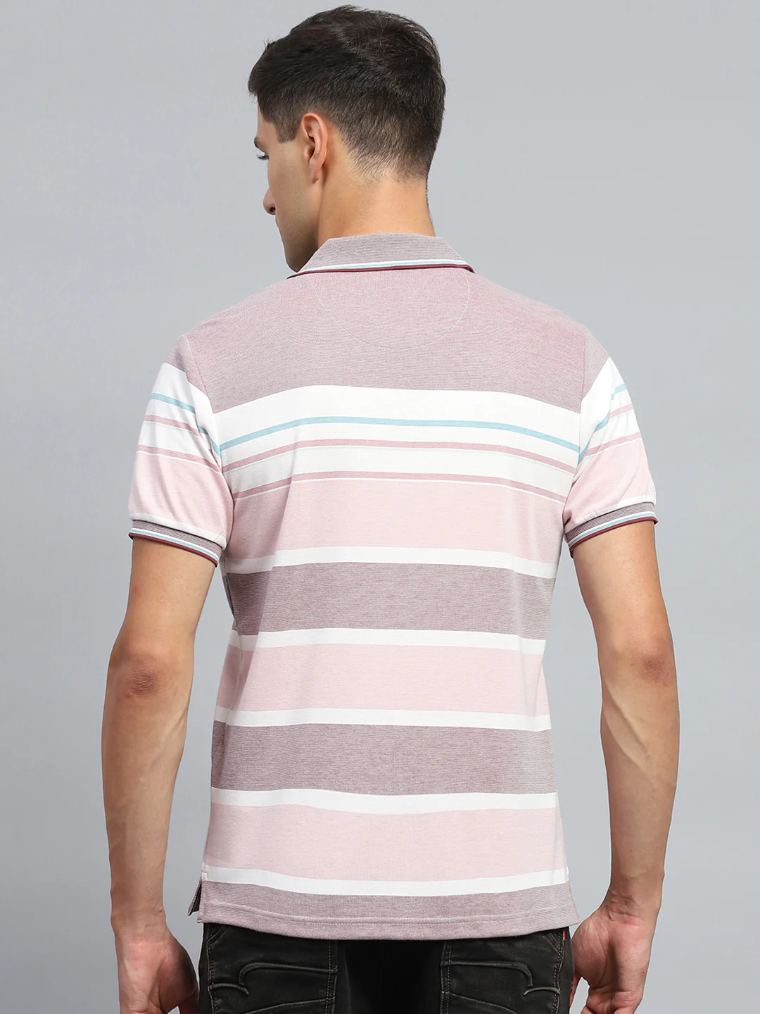 Men Pink Stripe Collar Half Sleeve T-Shirt - Image 5