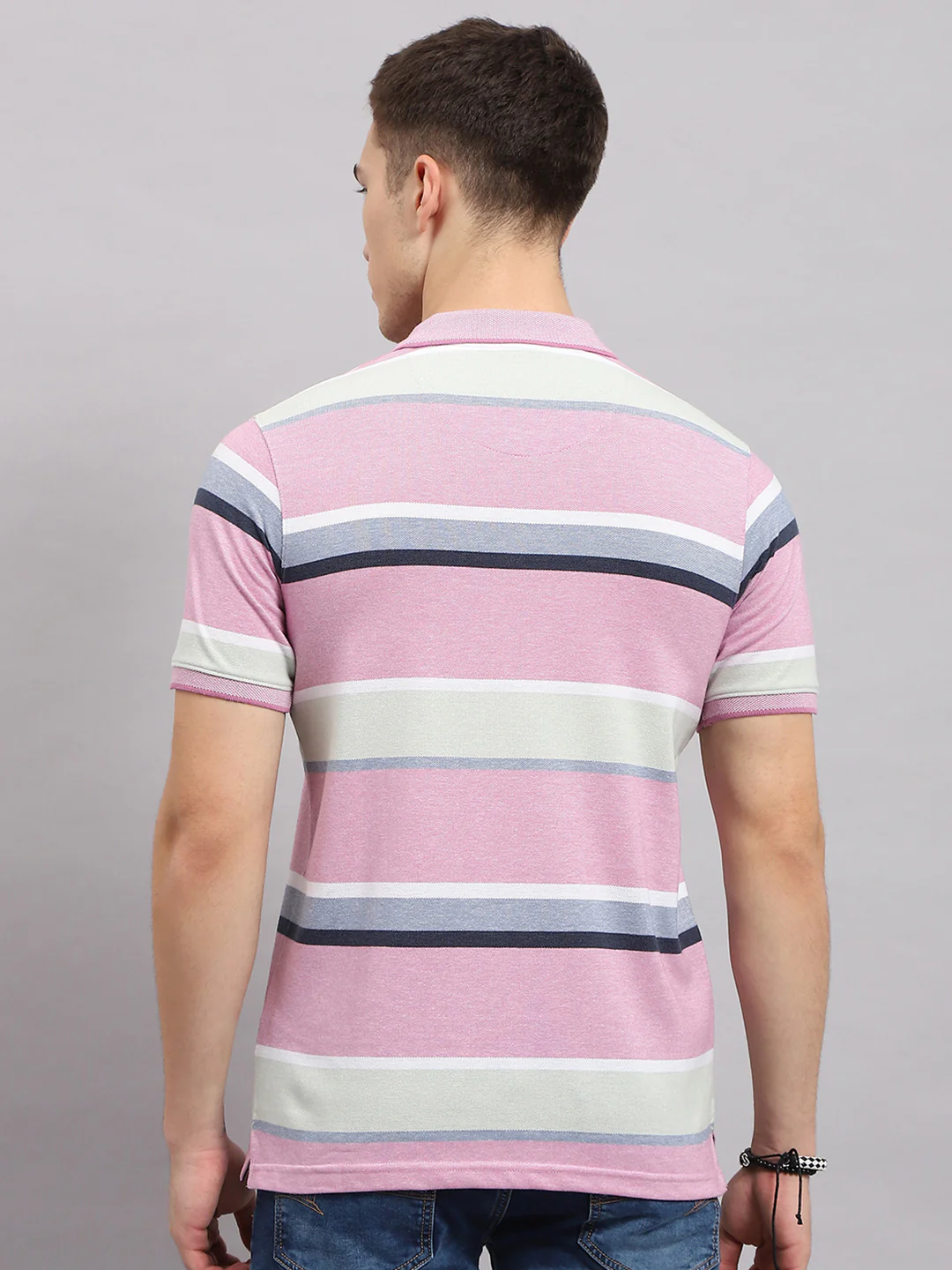 Men Pink Stripe Collar Half Sleeve T-Shirt - Image 5