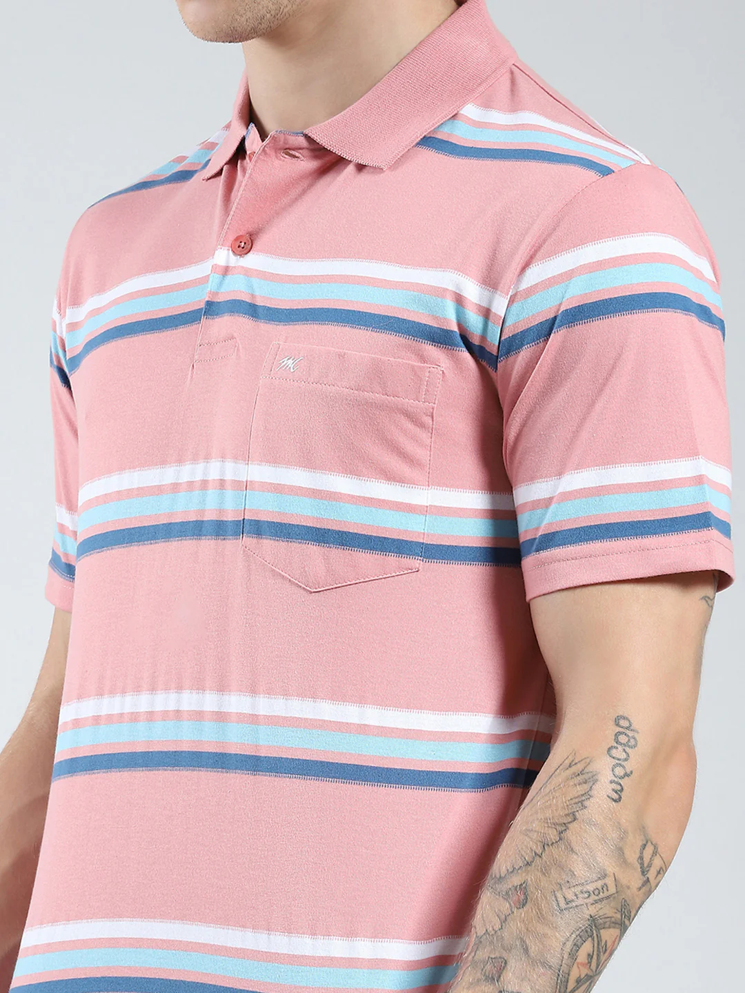 Men Pink Stripe Collar Half Sleeve T-Shirt - Image 6