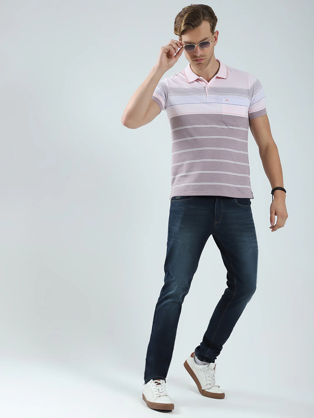 Men Pink Stripe Collar Half Sleeve T-Shirt - Image 2