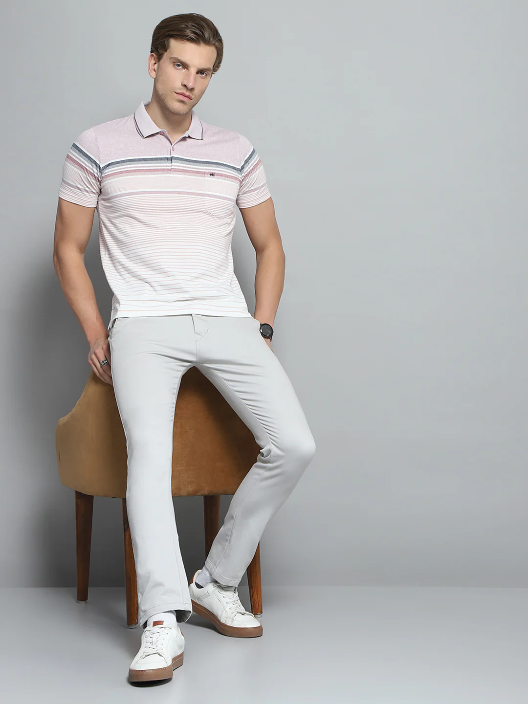 Men Pink Stripe Collar Half Sleeve T-Shirt - Image 2