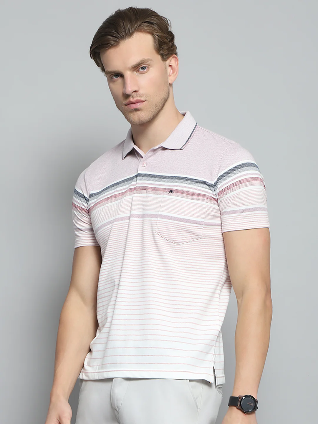 Men Pink Stripe Collar Half Sleeve T-Shirt - Image 4