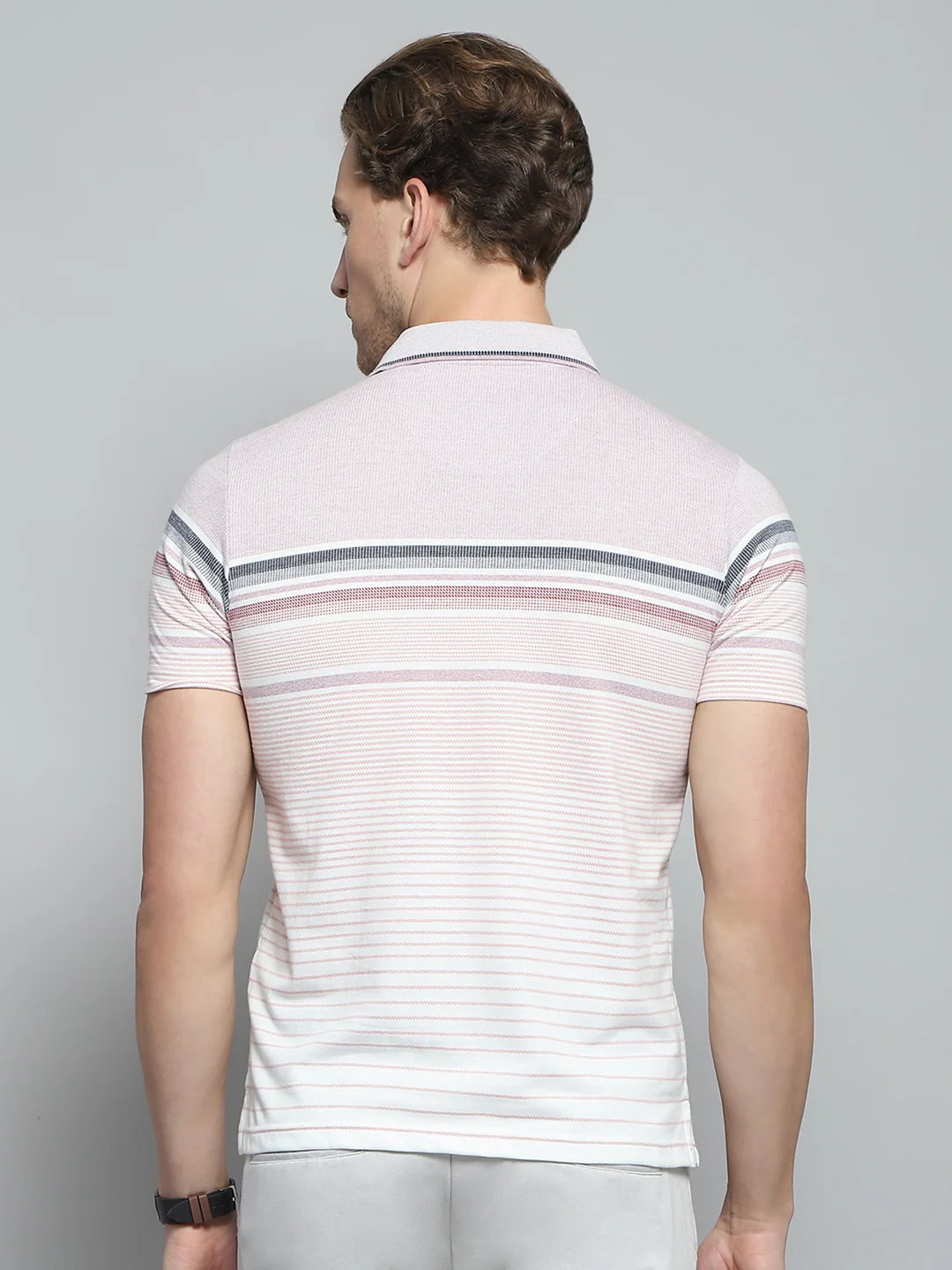 Men Pink Stripe Collar Half Sleeve T-Shirt - Image 5