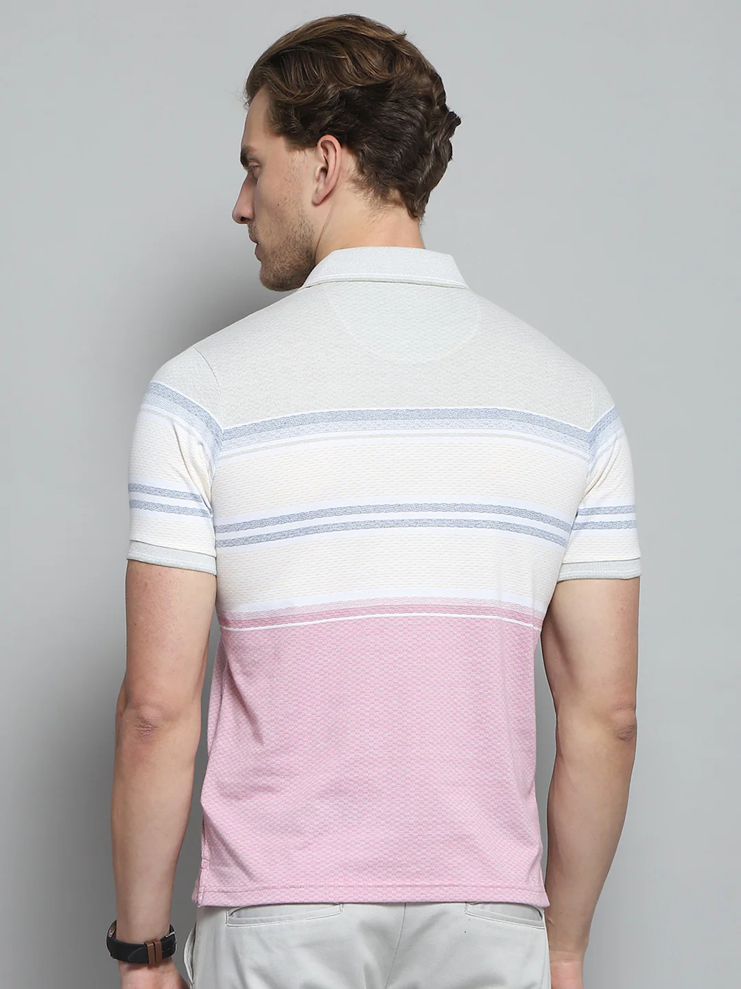 Men Pink Stripe Collar Half Sleeve T-Shirt - Image 5