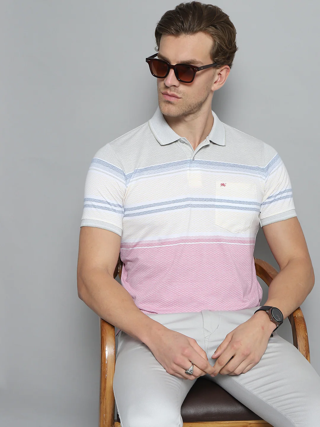 Men Pink Stripe Collar Half Sleeve T-Shirt - Image 6