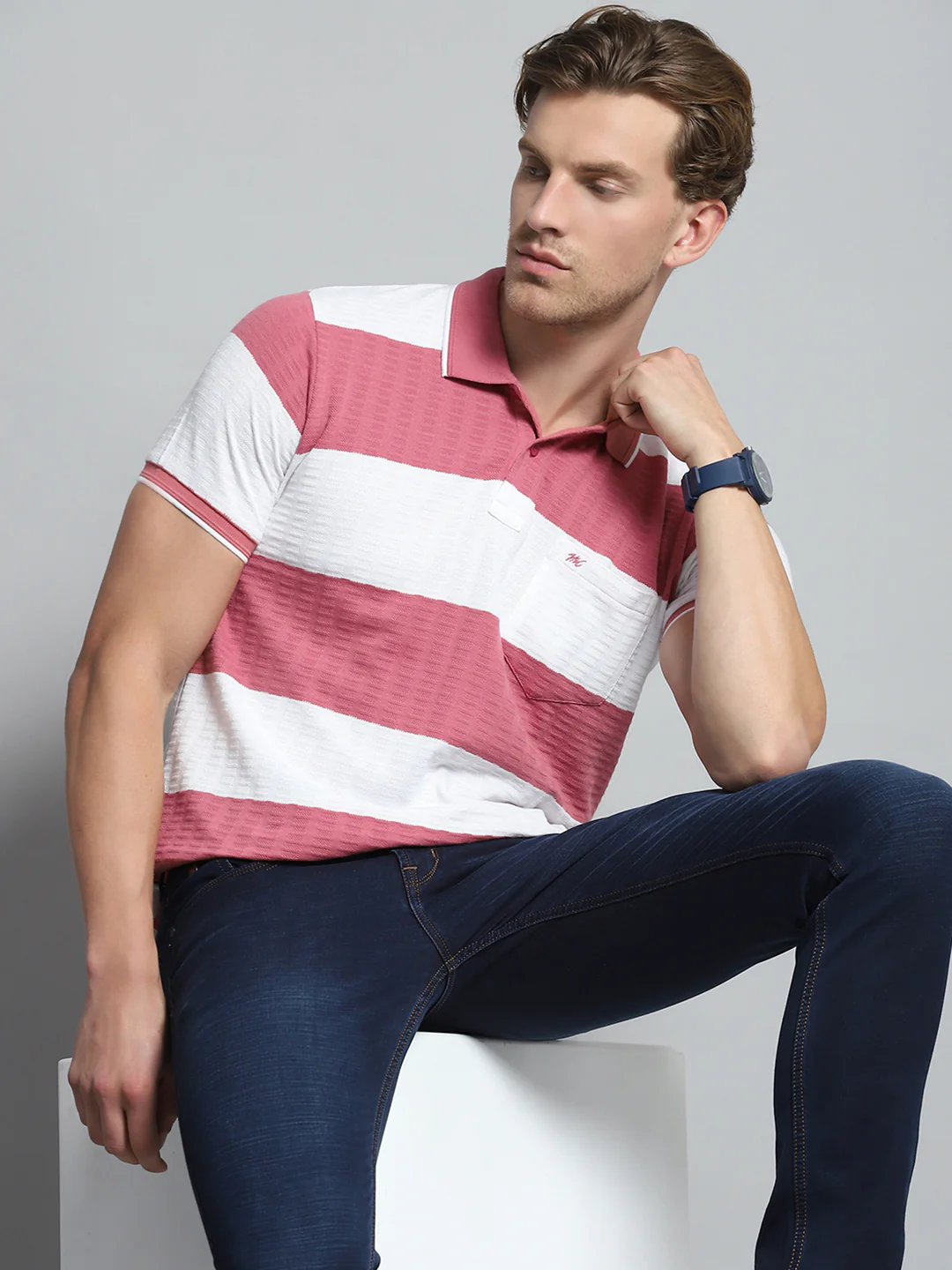 Men Pink Stripe Collar Half Sleeve T-Shirt - Image 6