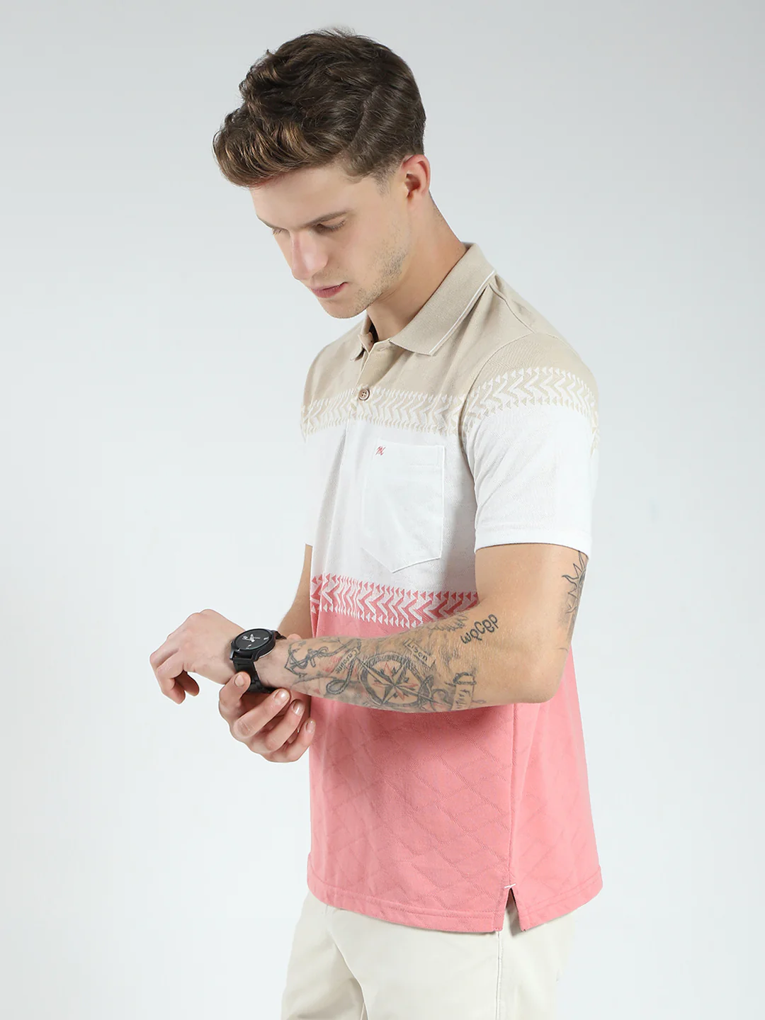 Men Pink Stripe Collar Half Sleeve T-Shirt - Image 3