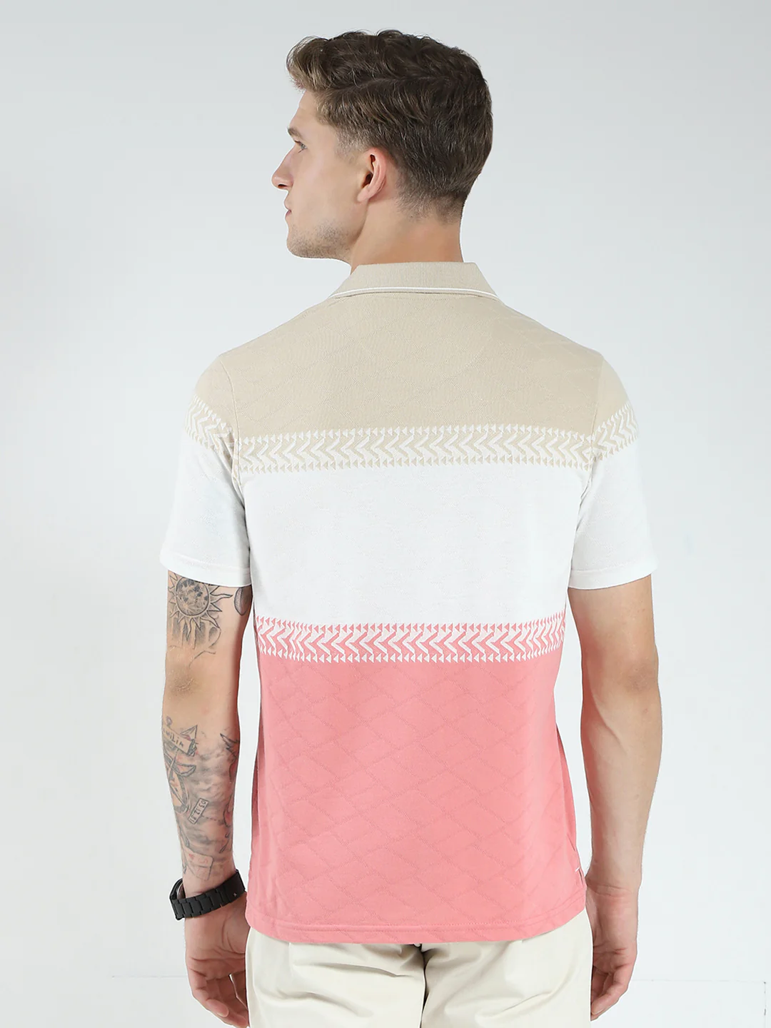 Men Pink Stripe Collar Half Sleeve T-Shirt - Image 5