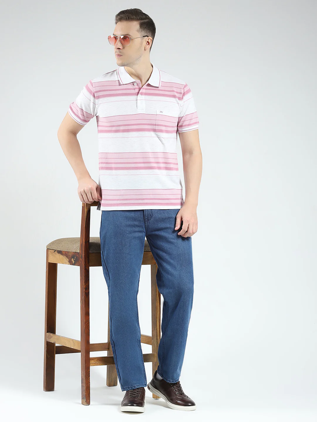 Men Pink Stripe Collar Half Sleeve T-Shirt - Image 2