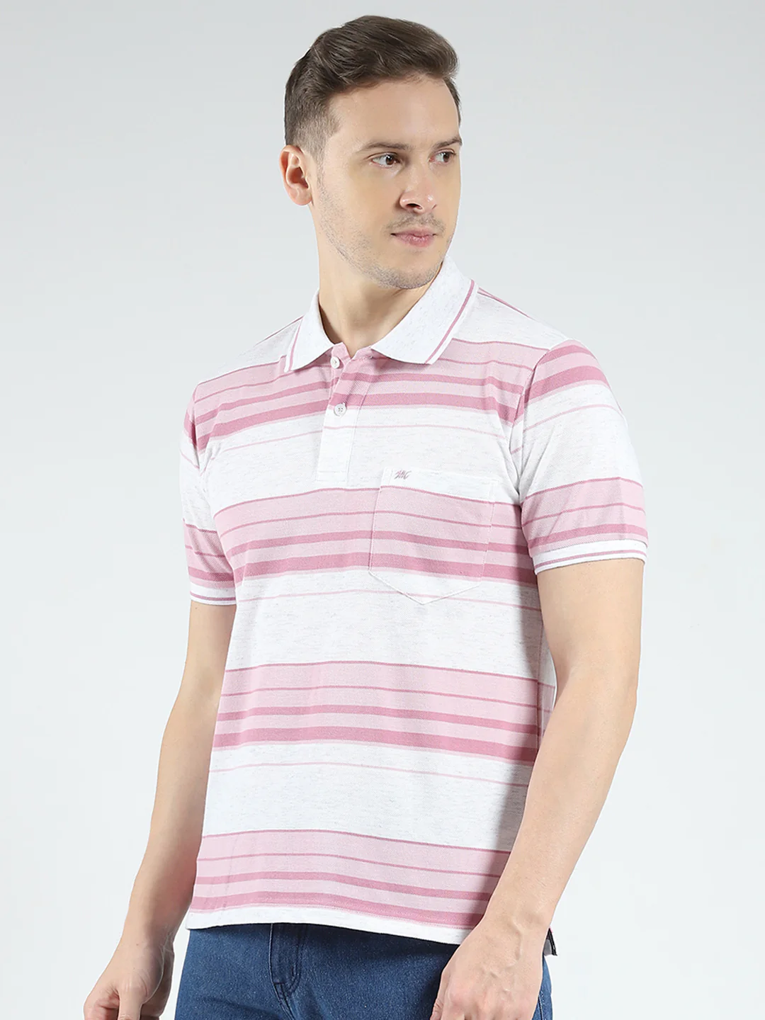 Men Pink Stripe Collar Half Sleeve T-Shirt - Image 3