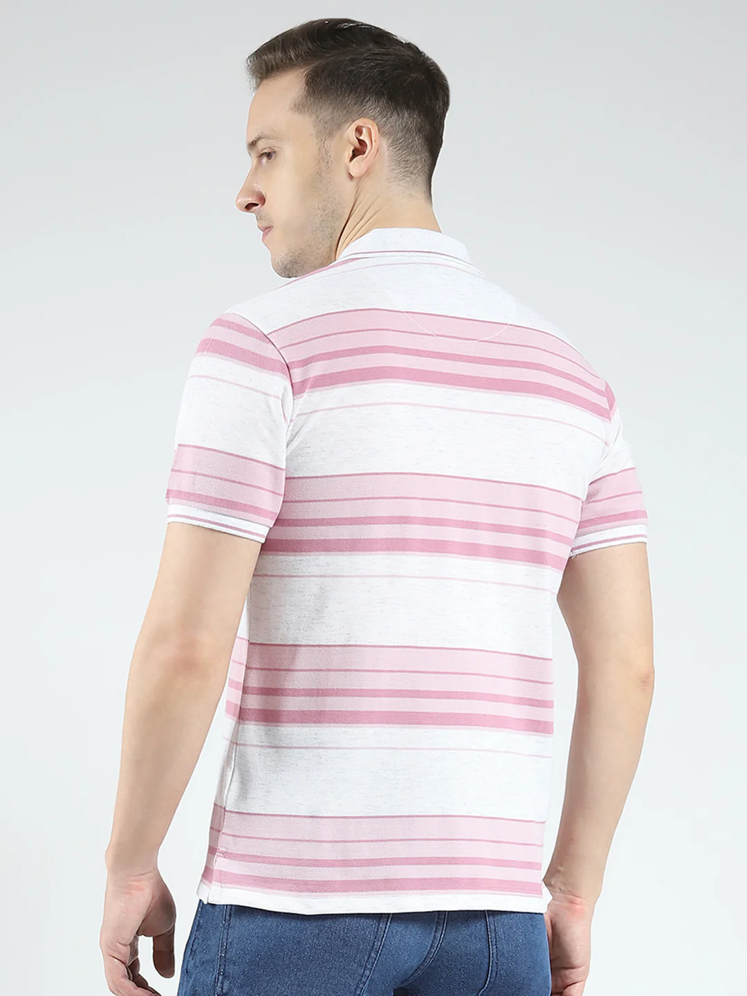 Men Pink Stripe Collar Half Sleeve T-Shirt - Image 5