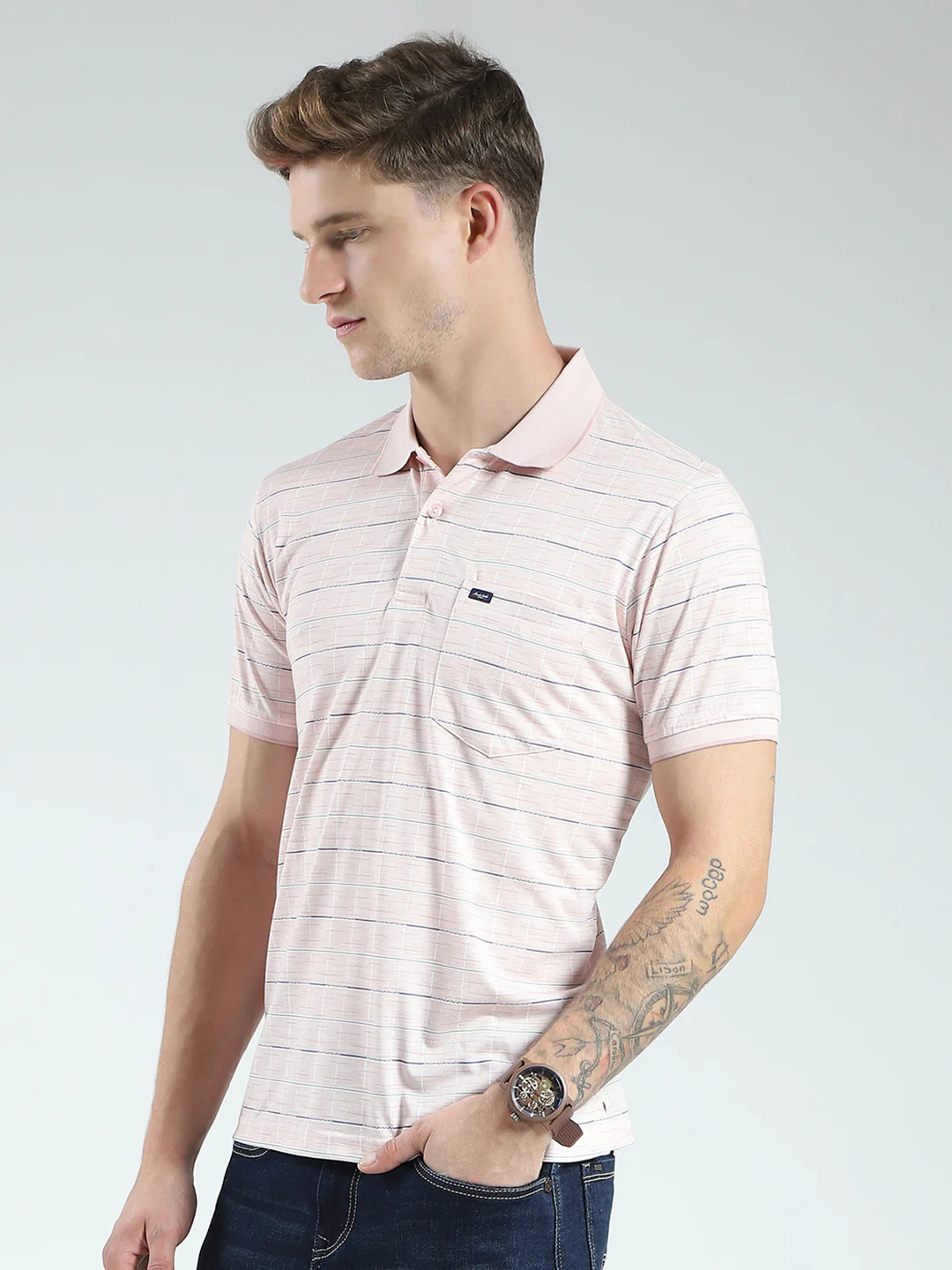 Men Pink Stripe Collar Half Sleeve T-Shirt - Image 3