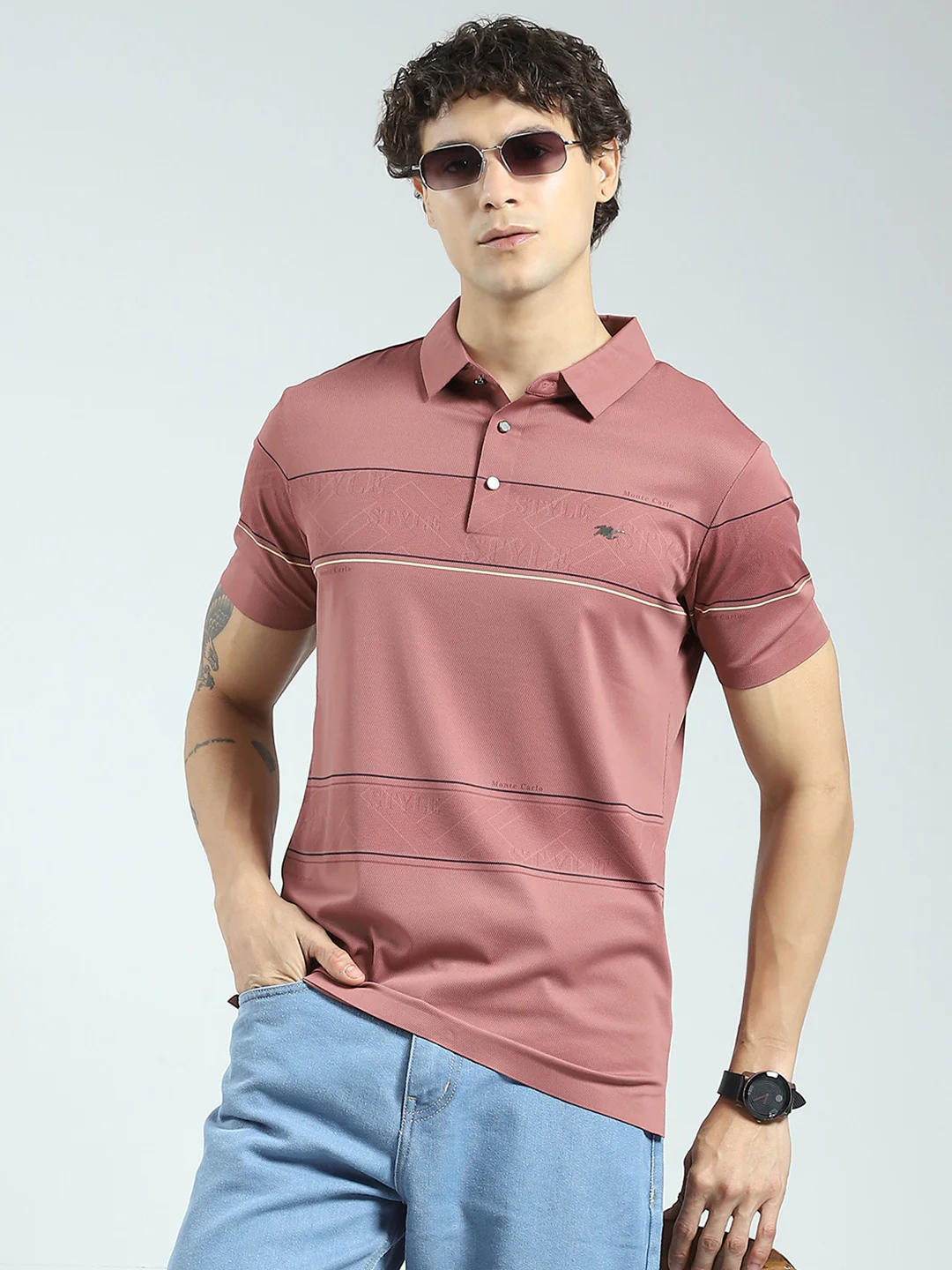 Men Pink Stripe Collar Half Sleeve T-Shirt - Image 6