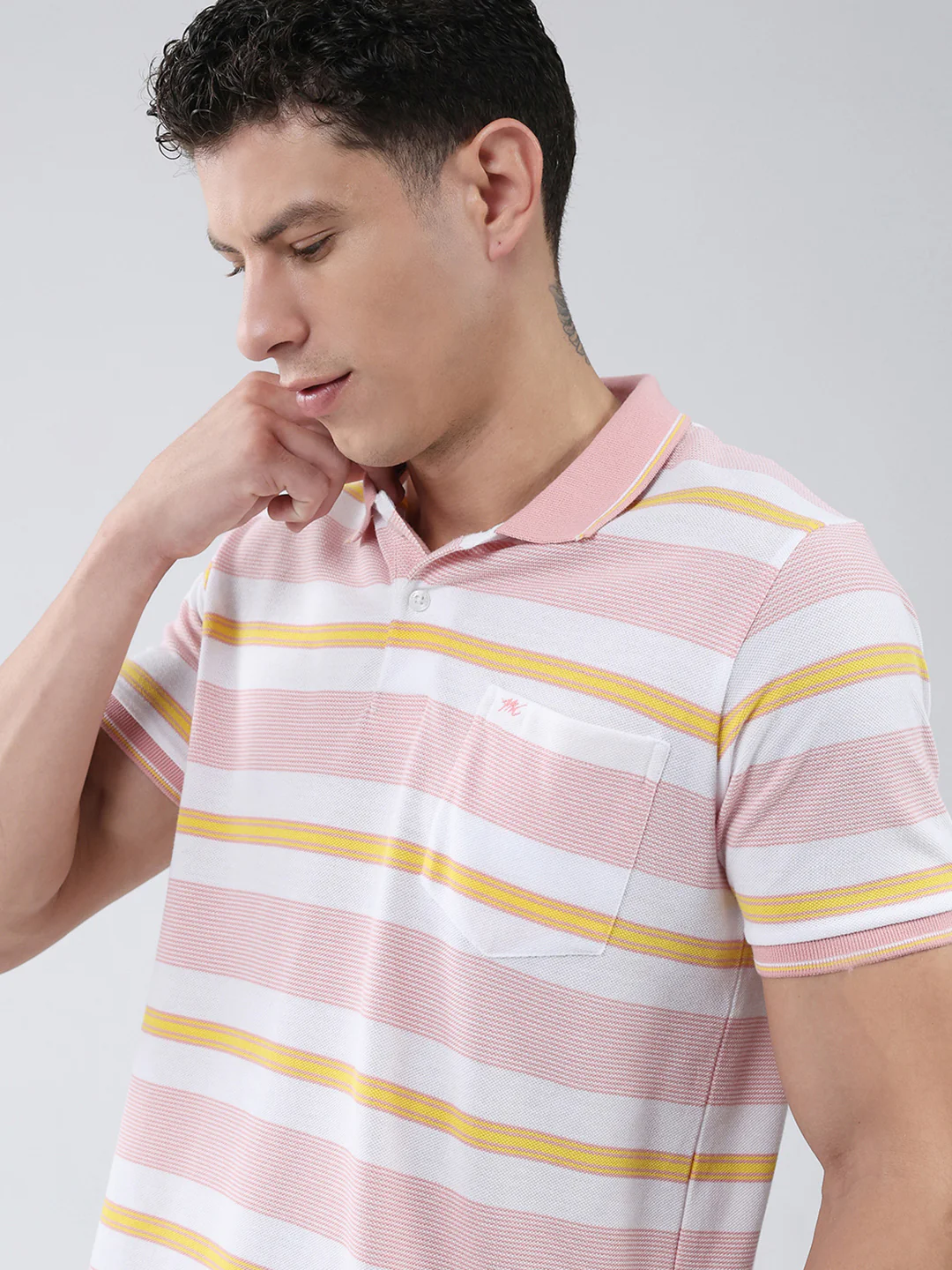 Men Pink Stripe Collar Half Sleeve T-Shirt - Image 7