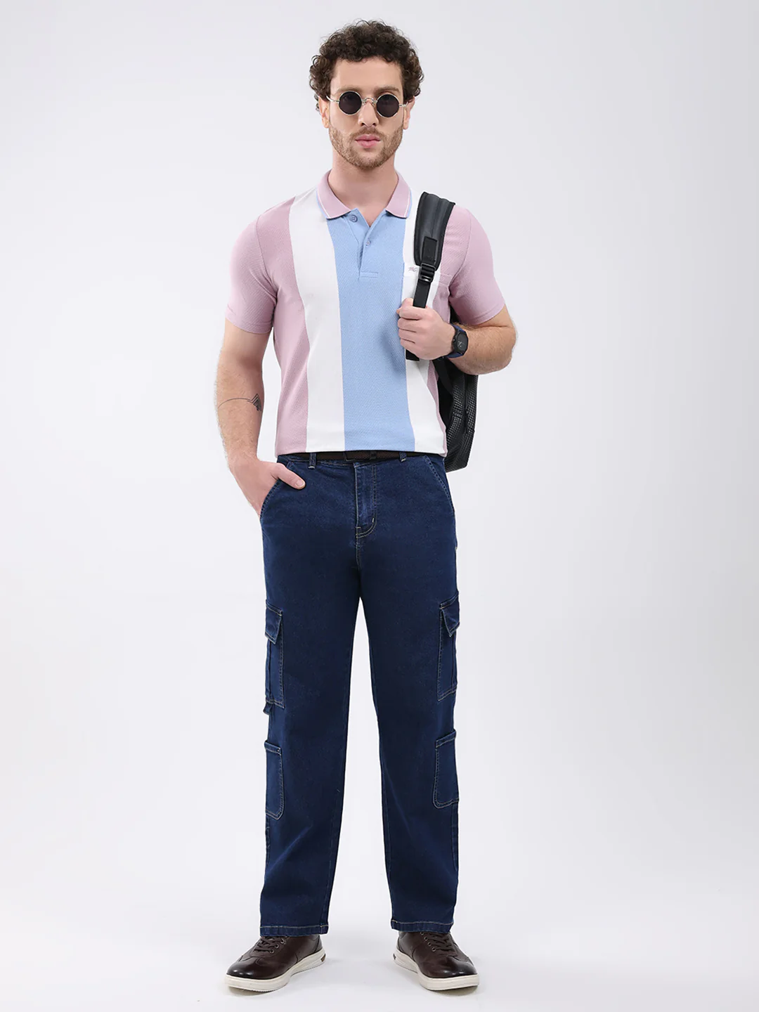 Men Pink Stripe Collar Half Sleeve T-Shirt - Image 2
