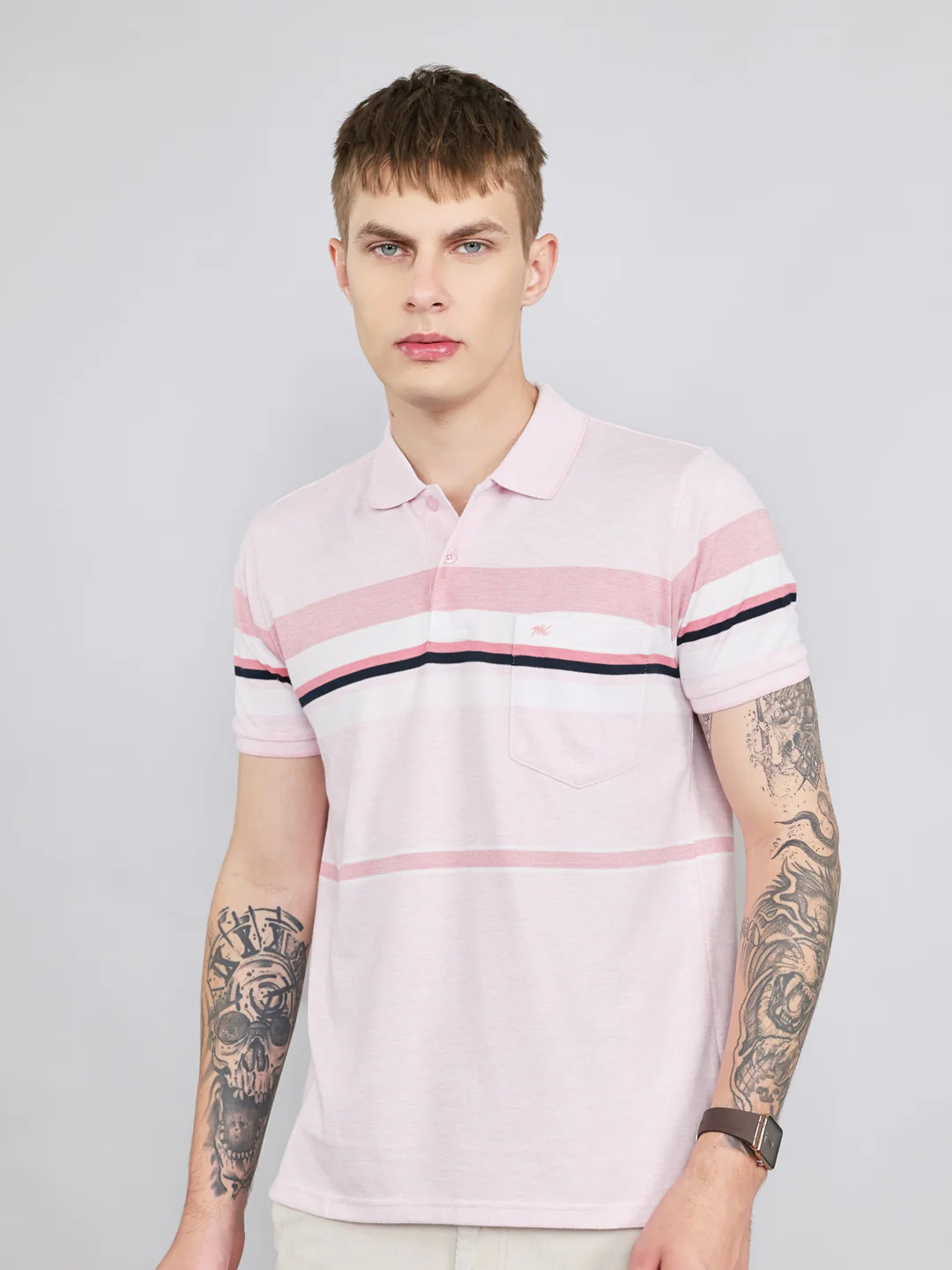 Men Pink Stripe Collar Half Sleeve T-Shirt - Image 3
