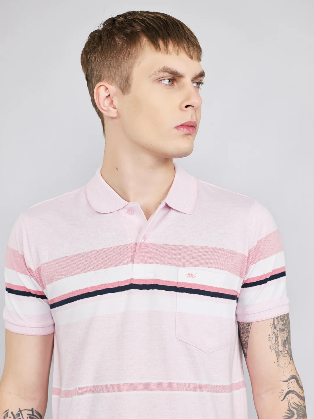 Men Pink Stripe Collar Half Sleeve T-Shirt - Image 5