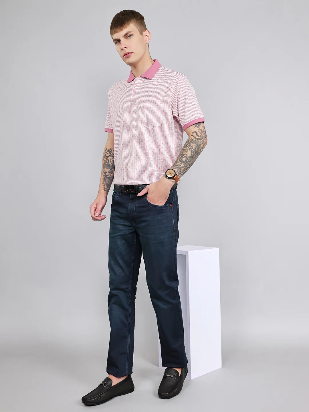 Men Pink Stripe Collar Half Sleeve T-Shirt - Image 6