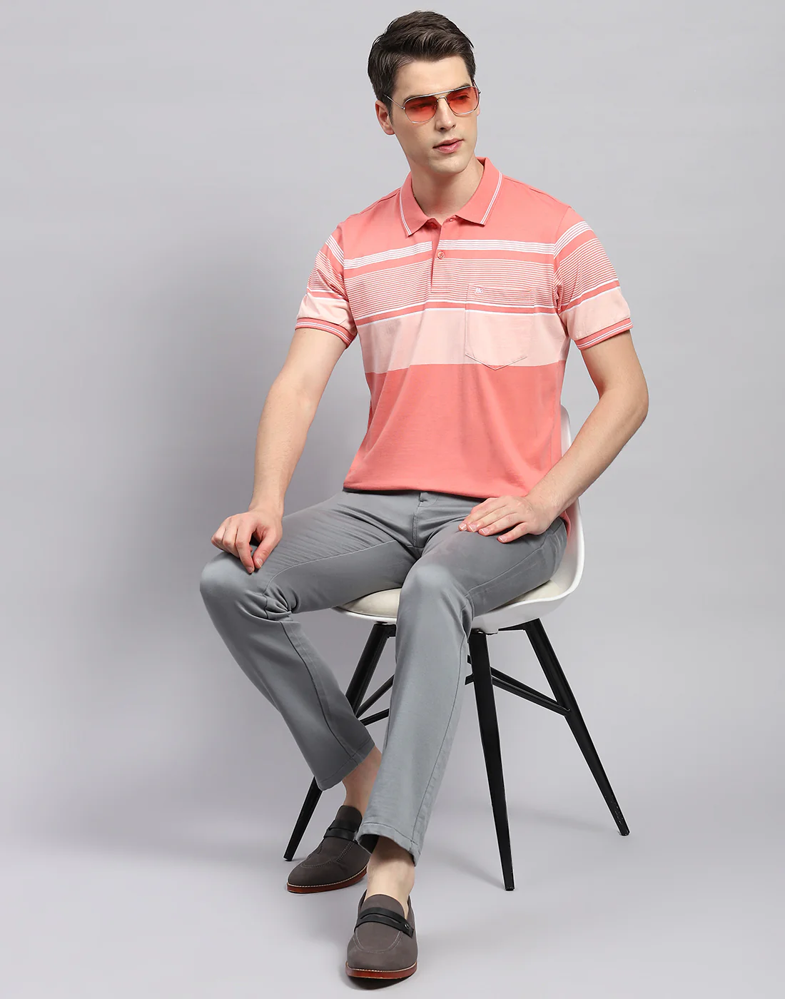 Men Pink Stripe Collar Neck Half Sleeve T-Shirt - Image 3