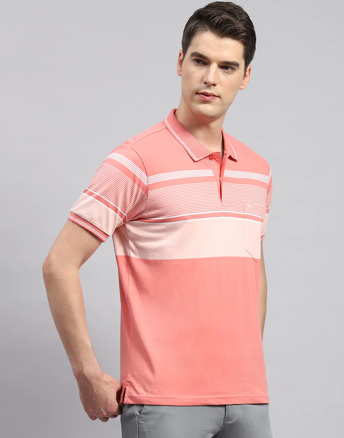 Men Pink Stripe Collar Neck Half Sleeve T-Shirt - Image 5