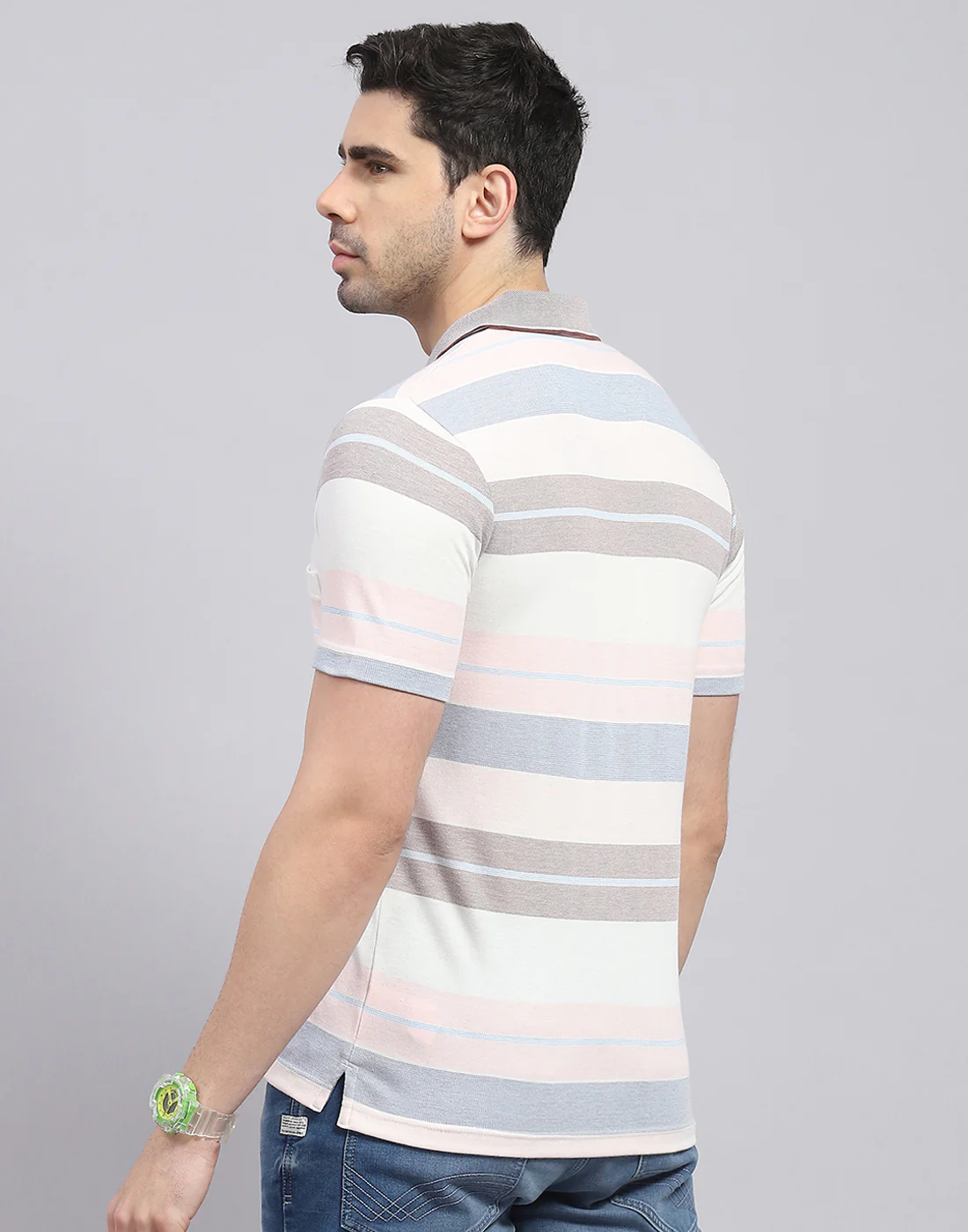 Men Pink Stripe Polo Collar Half Sleeve T-Shirt - Image 6