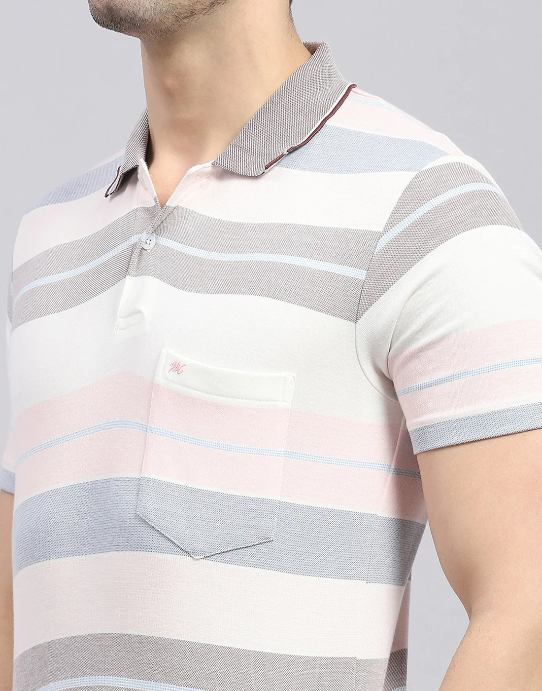 Men Pink Stripe Polo Collar Half Sleeve T-Shirt - Image 7