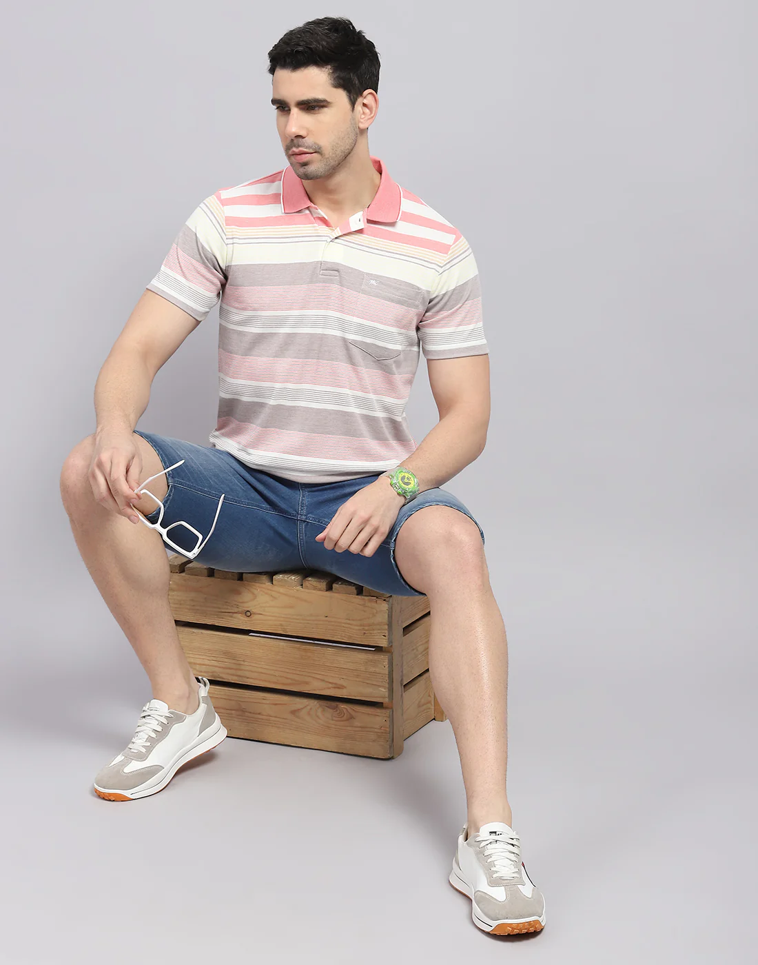 Men Pink Stripe Polo Collar Half Sleeve T-Shirt - Image 2