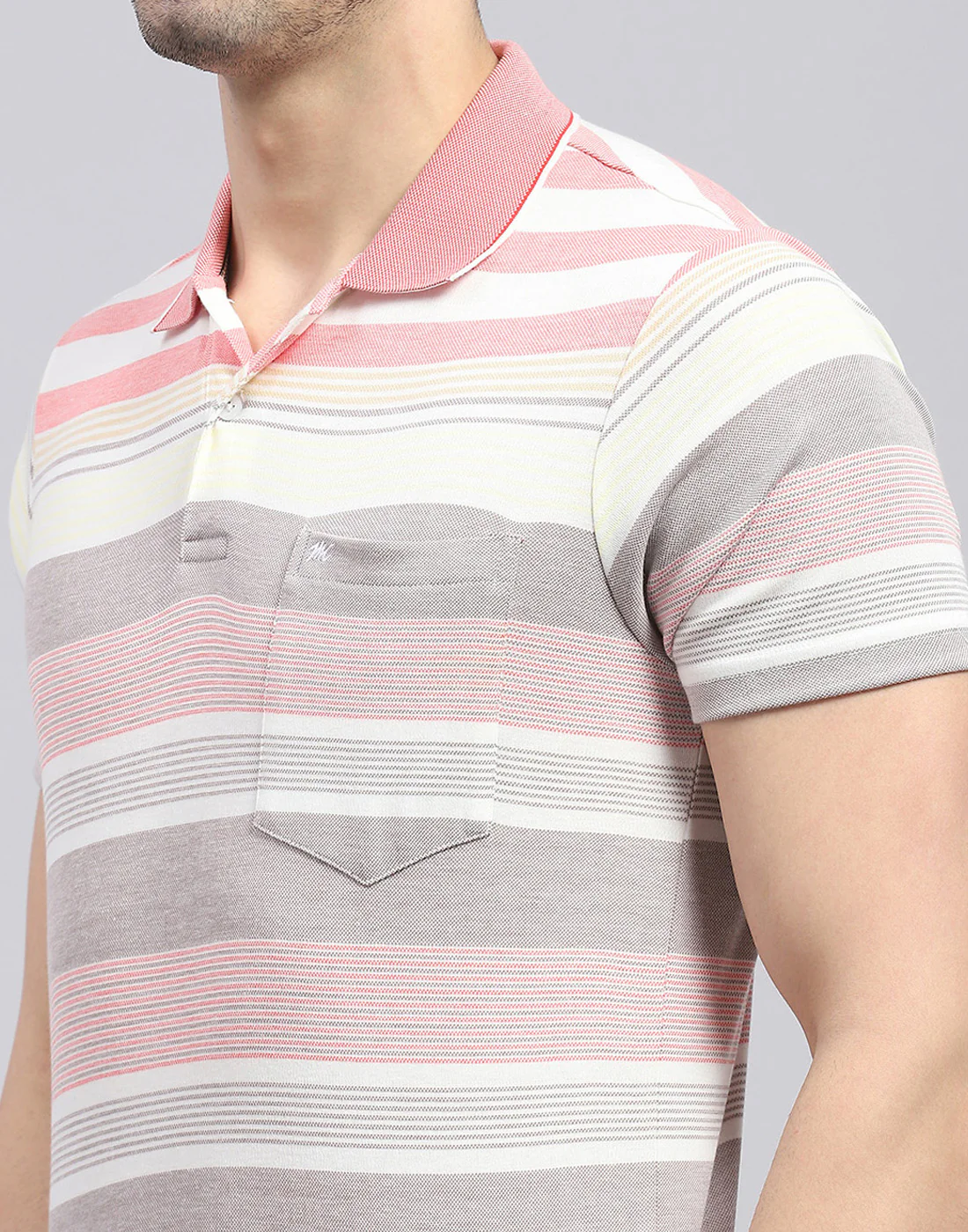 Men Pink Stripe Polo Collar Half Sleeve T-Shirt - Image 7