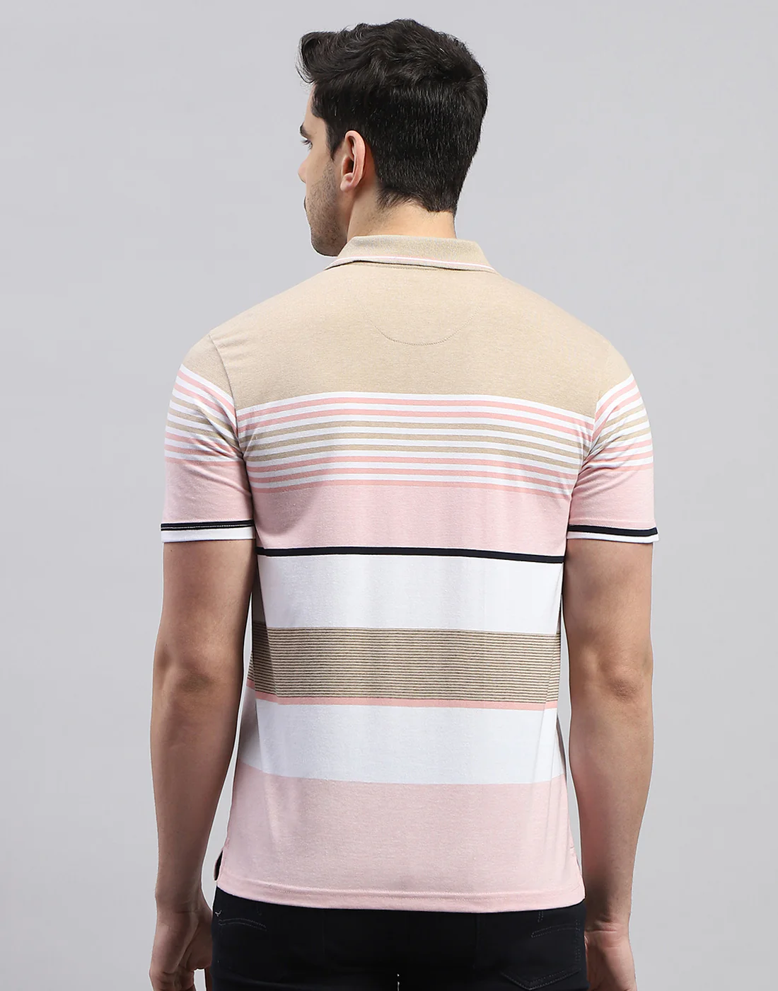 Men Pink Stripe Polo Collar Half Sleeve T-Shirt - Image 6