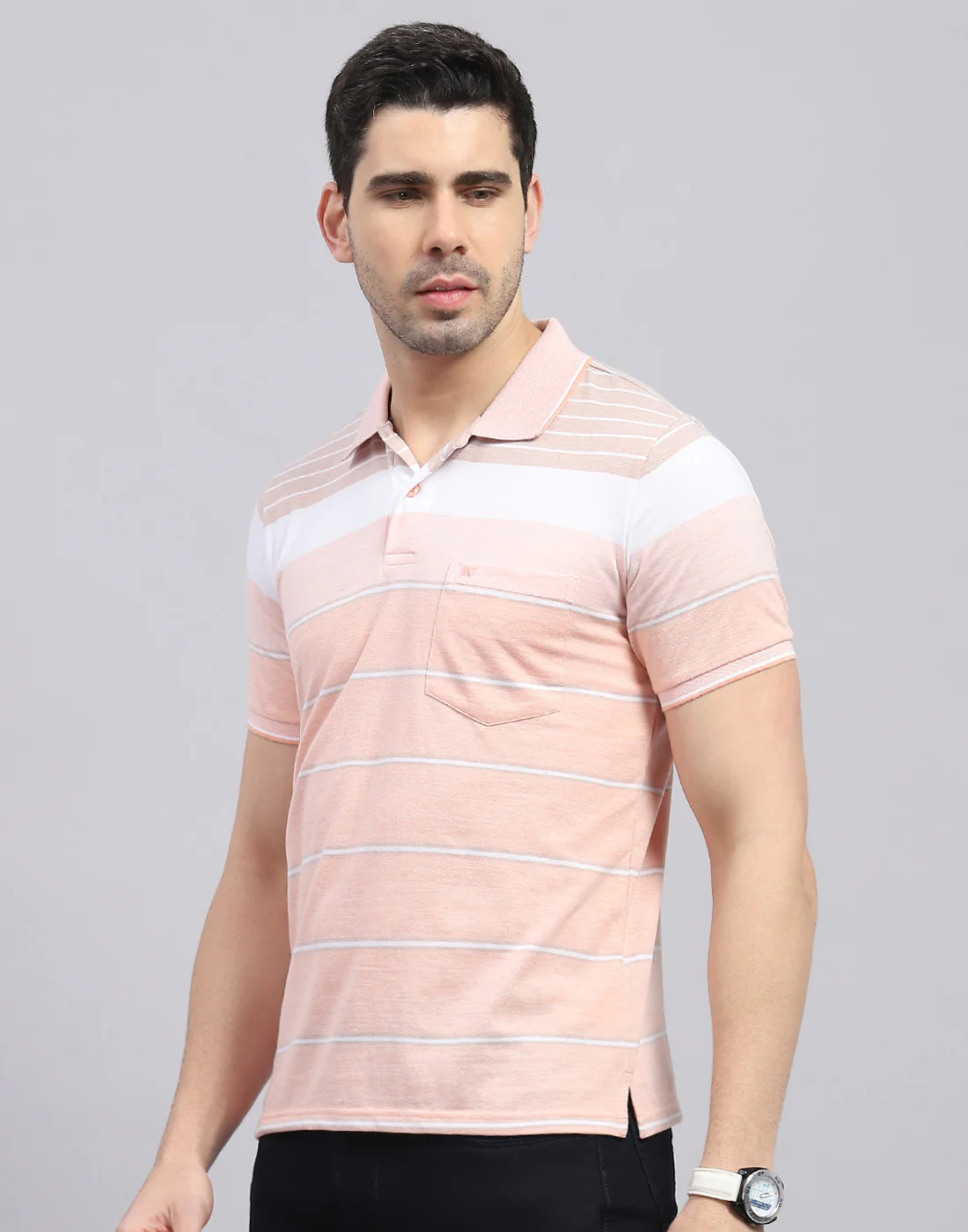 Men Pink Stripe Polo Collar Half Sleeve T-Shirt - Image 3