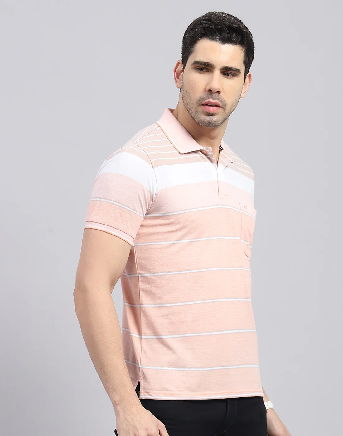 Men Pink Stripe Polo Collar Half Sleeve T-Shirt - Image 4