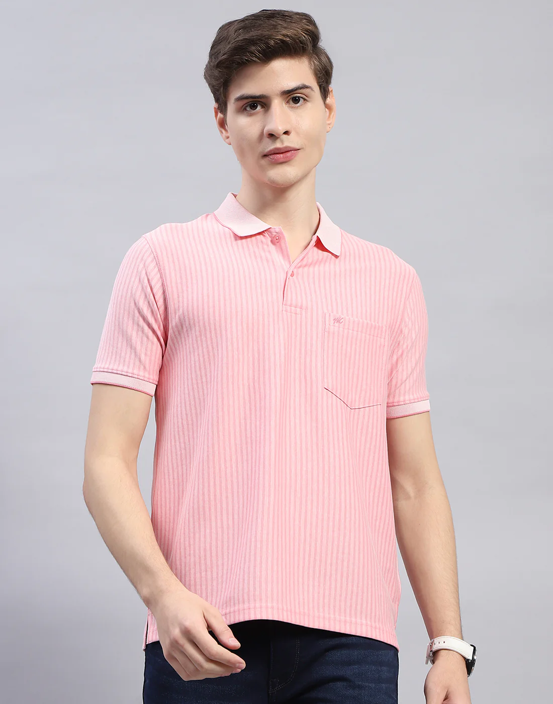 Men Pink Stripe Polo Collar Half Sleeve T-Shirt - Image 2
