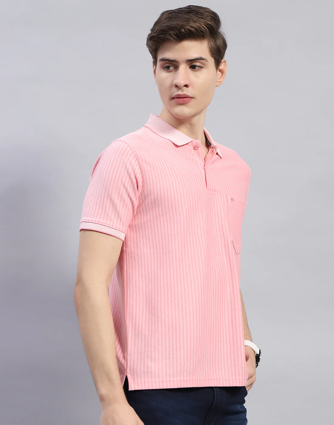 Men Pink Stripe Polo Collar Half Sleeve T-Shirt - Image 4