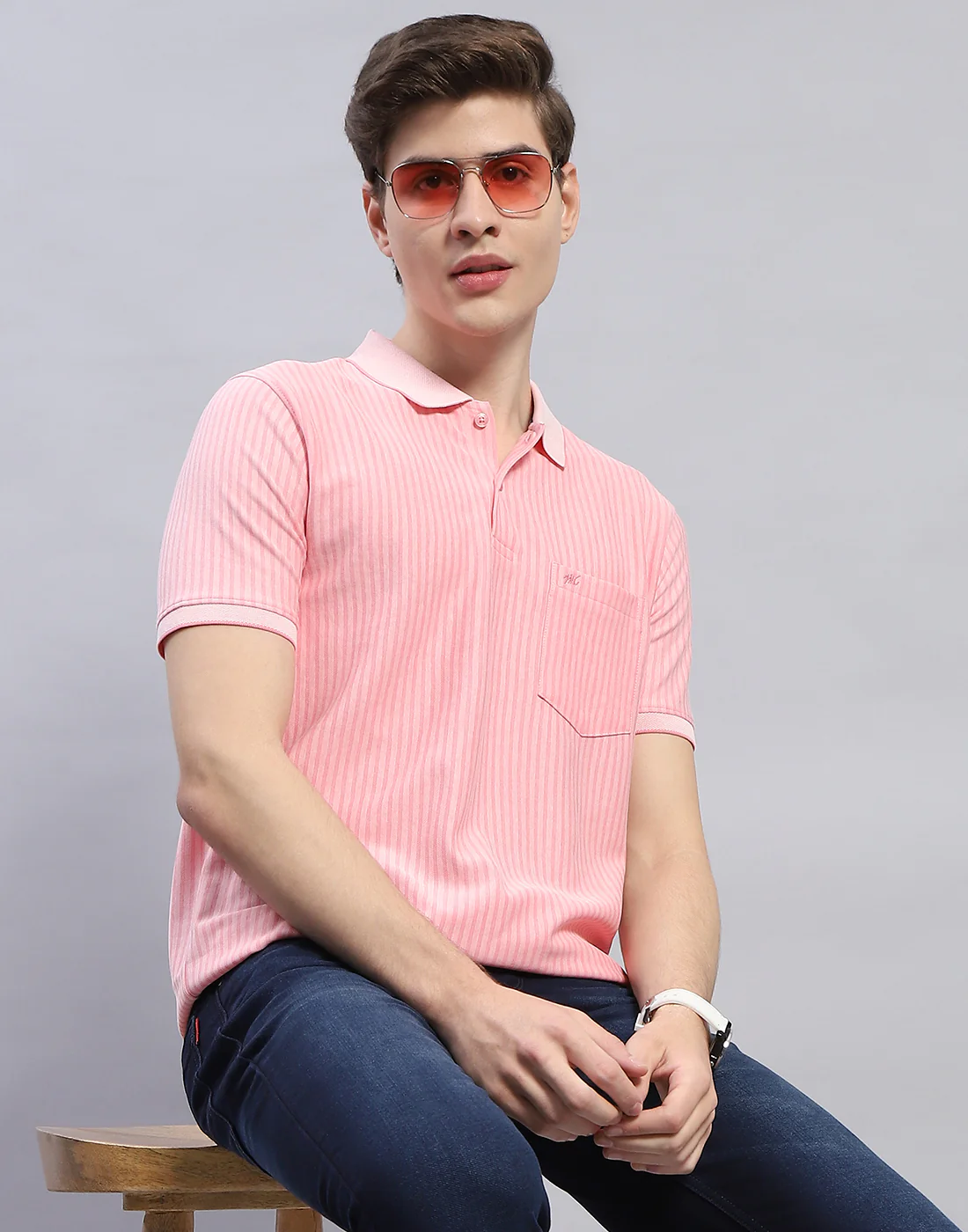 Men Pink Stripe Polo Collar Half Sleeve T-Shirt - Image 6