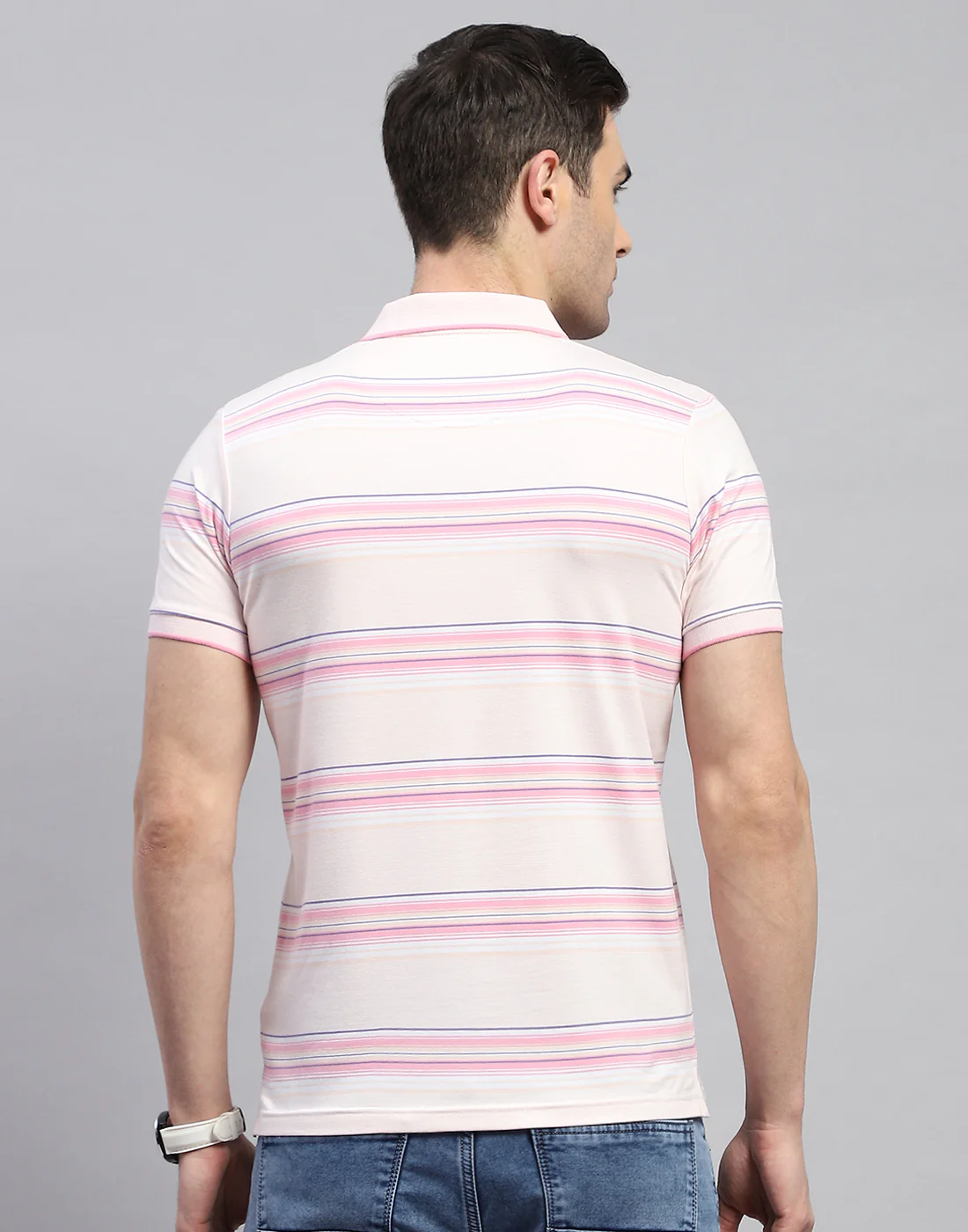 Men Pink Stripe Polo Collar Half Sleeve T-Shirt - Image 5