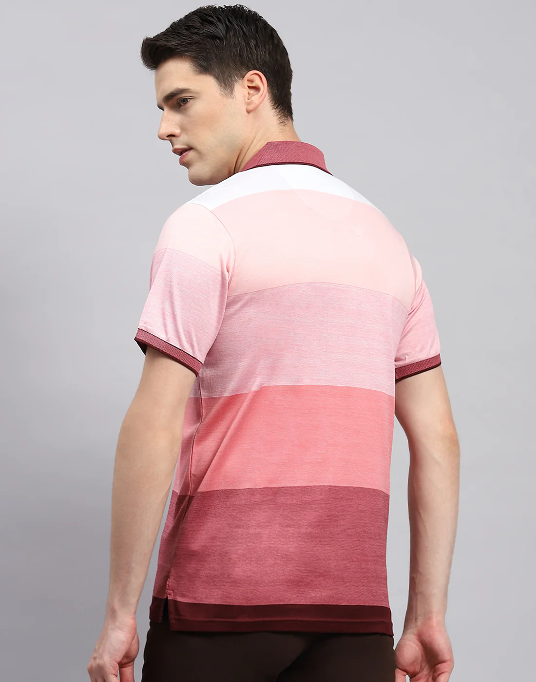 Men Pink Stripe Polo Collar Half Sleeve T-Shirt - Image 5