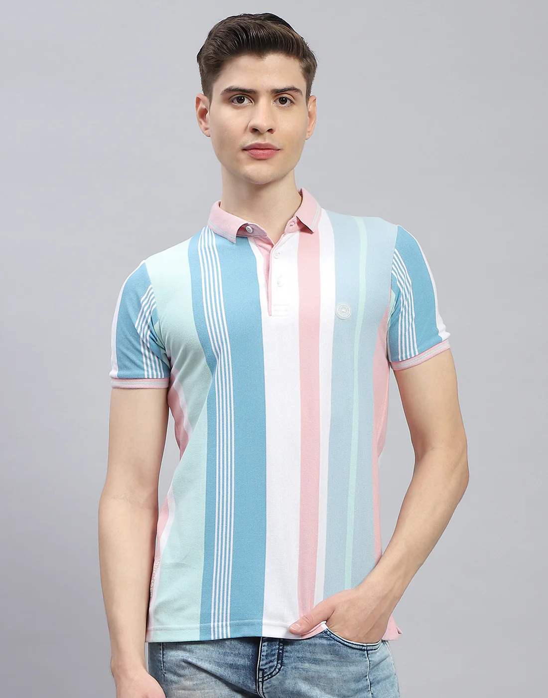 Men Pink Stripe Polo Collar Half Sleeve T-Shirt - Image 2