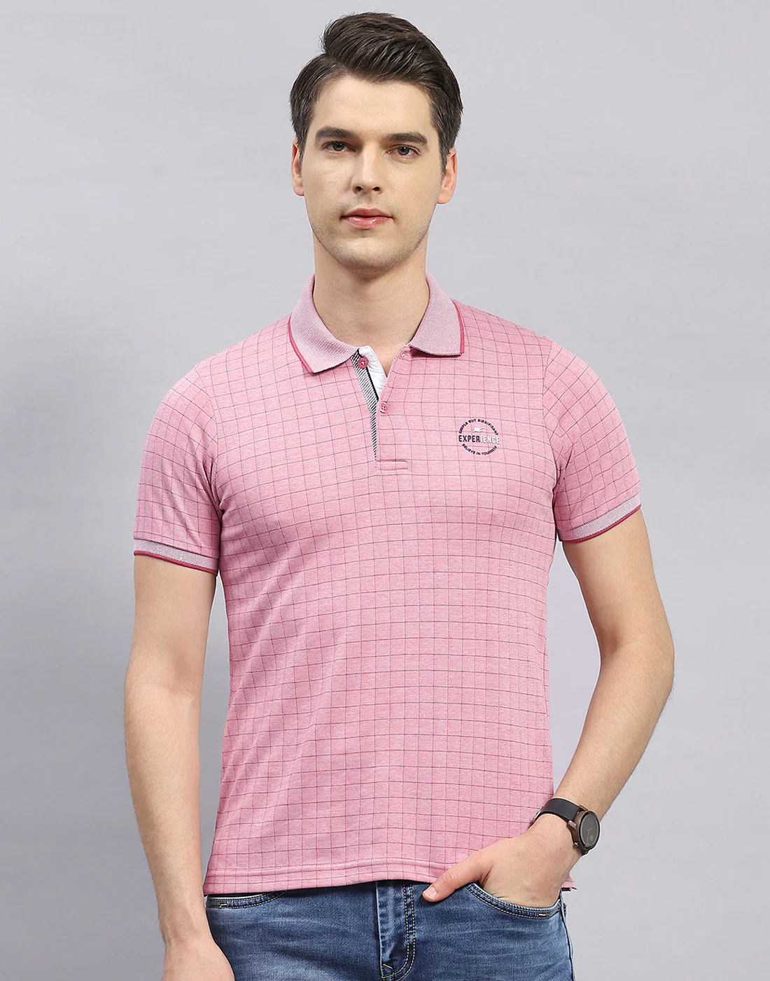 Men Pink Stripe Polo Collar Half Sleeve T-Shirt - Image 3
