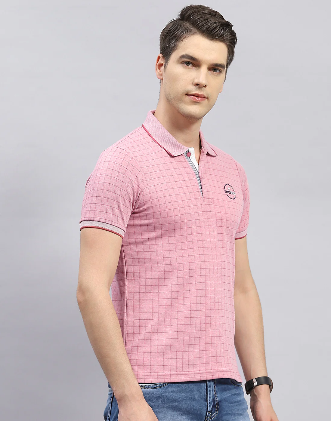 Men Pink Stripe Polo Collar Half Sleeve T-Shirt - Image 4
