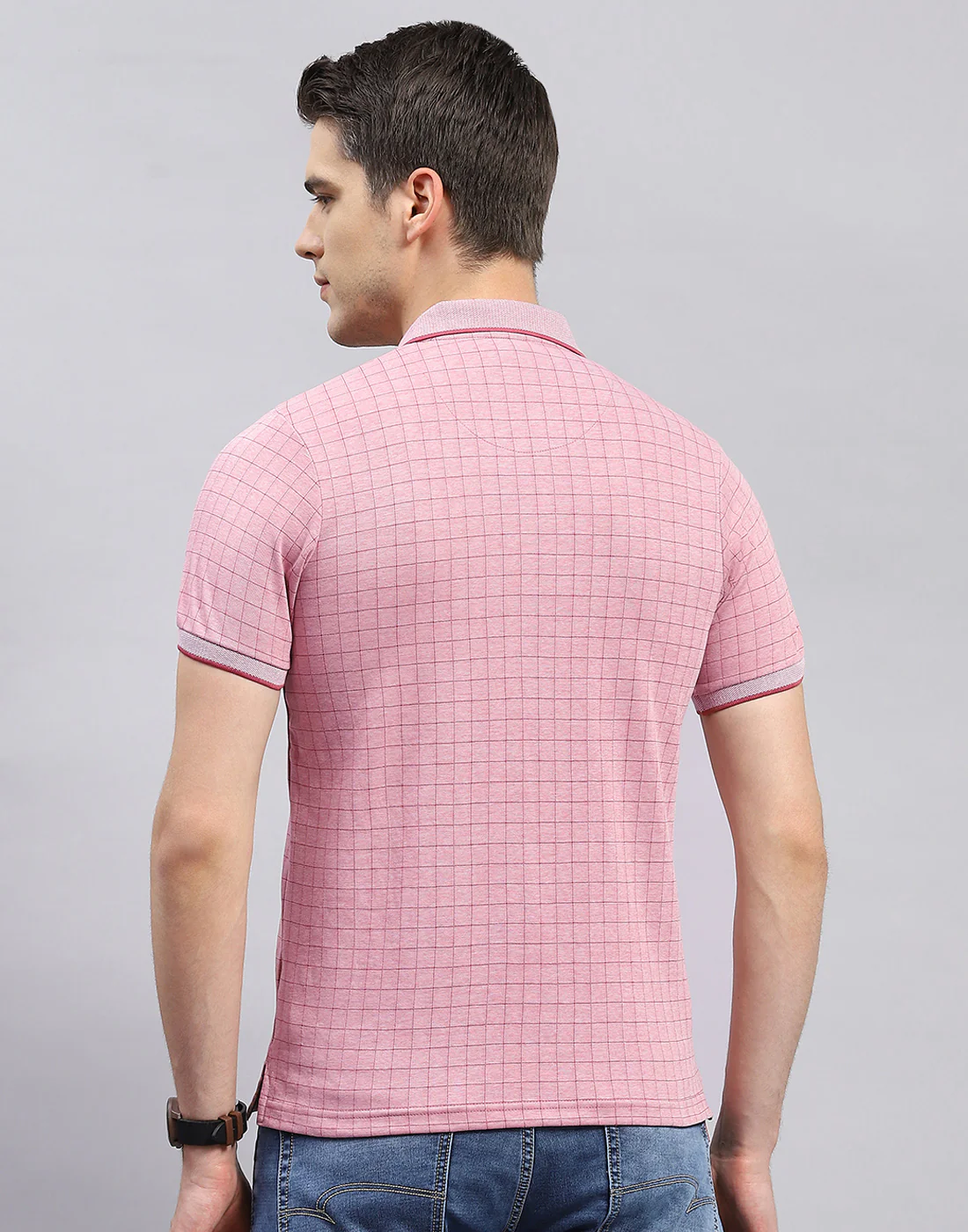 Men Pink Stripe Polo Collar Half Sleeve T-Shirt - Image 6